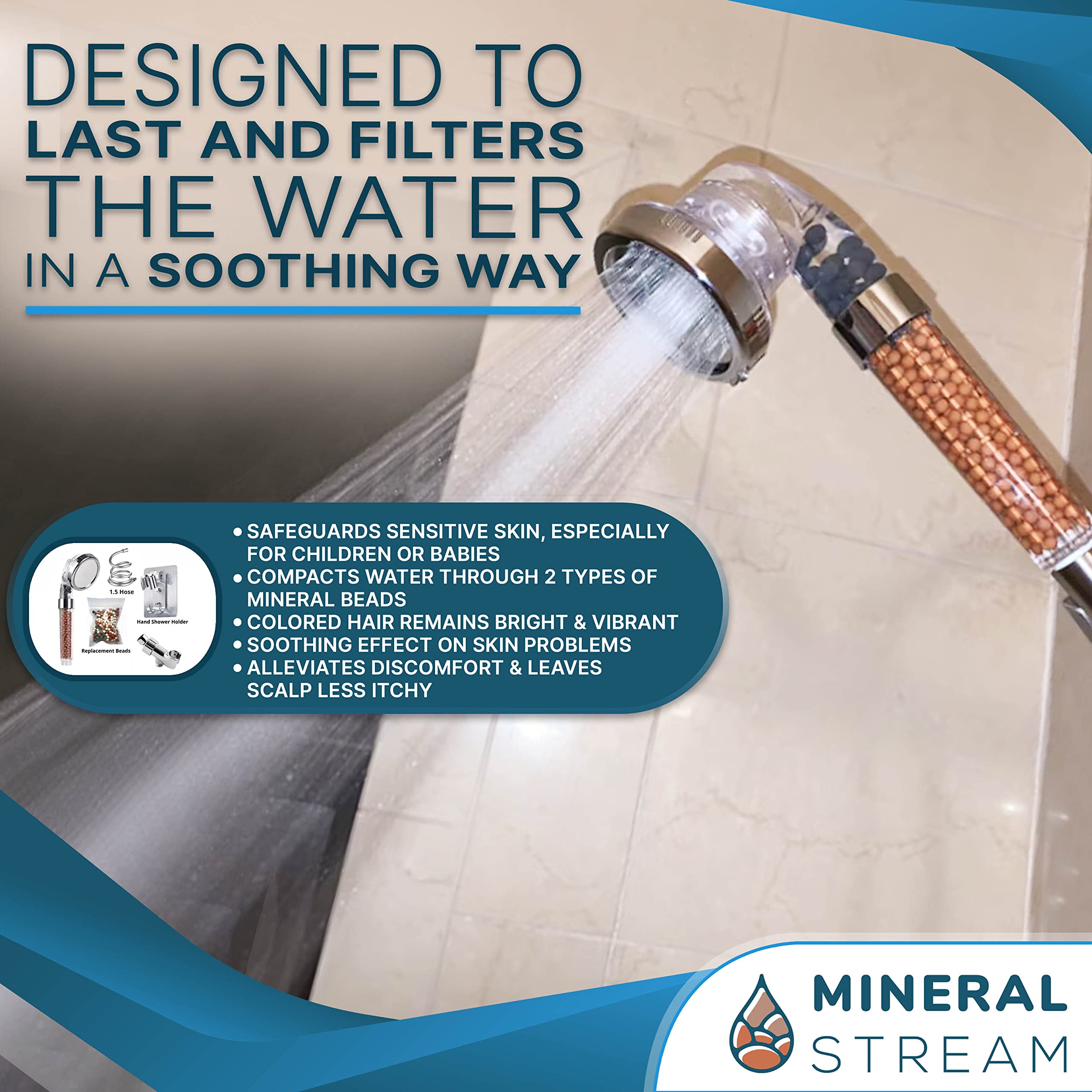 Mineral Stream - Kit completo di soffione ionico con perline di ricambio + tubo + supporto doccia e deviatore a braccio, 3 impostazioni ad alta pressione a risparmio idrico per capelli secchi e pelle