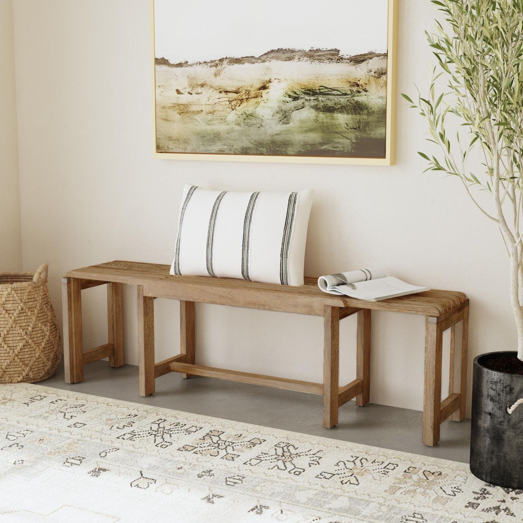 Extendable Dining Bench, Solid Mango Wood, 35 to 60 Inch | Expandable bench seating for dining room, entryway or end of bed, natural sand finish, 300 lb capacity, fully assembled