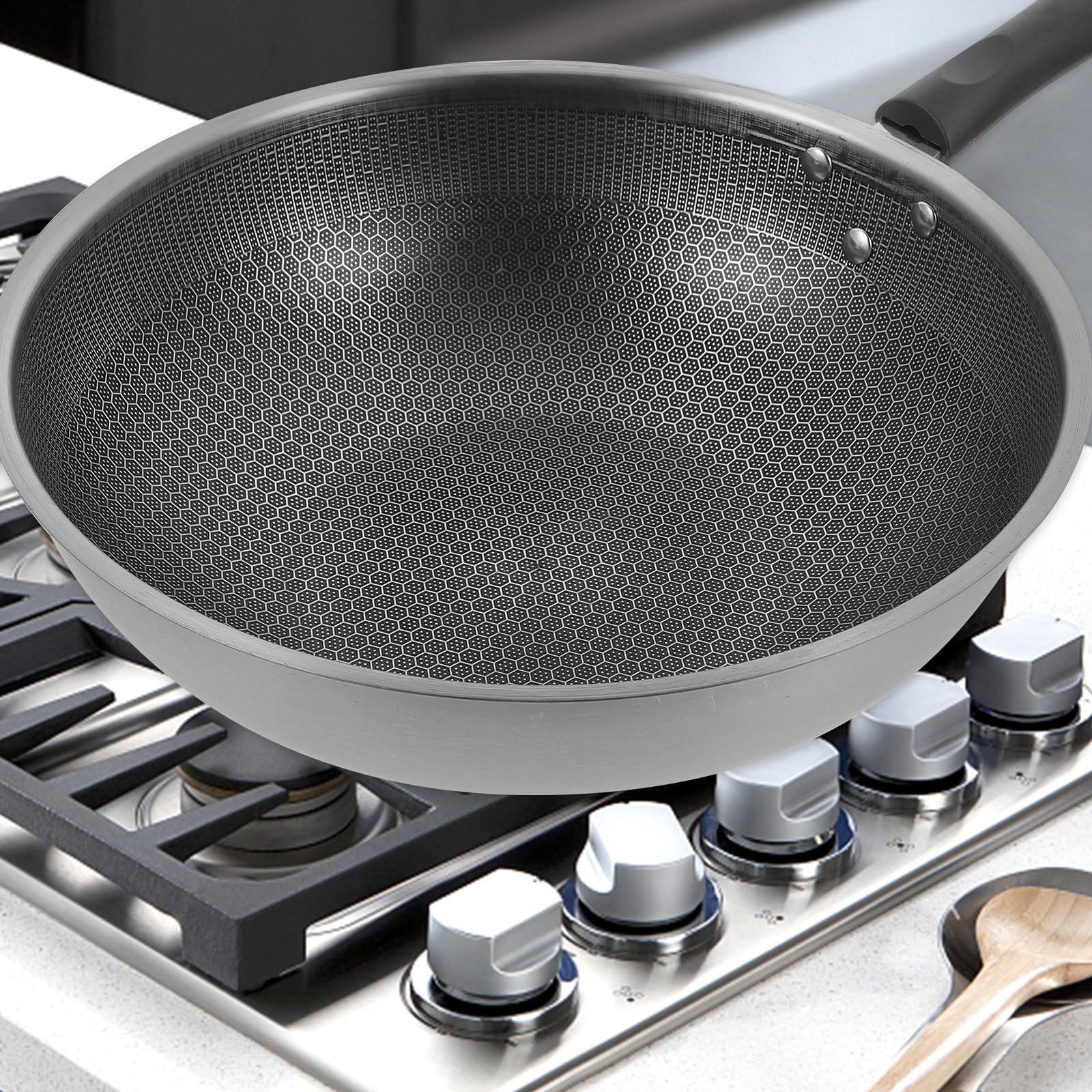 Mikinona Padella in Acciaio Inox 32 CM a Nido d'Ape Antiaderente Manico Ergonomico Leggera e Resistente per Piani Cottura a Induzione Gas ed Elettrici Uso Domestico Quotidiano