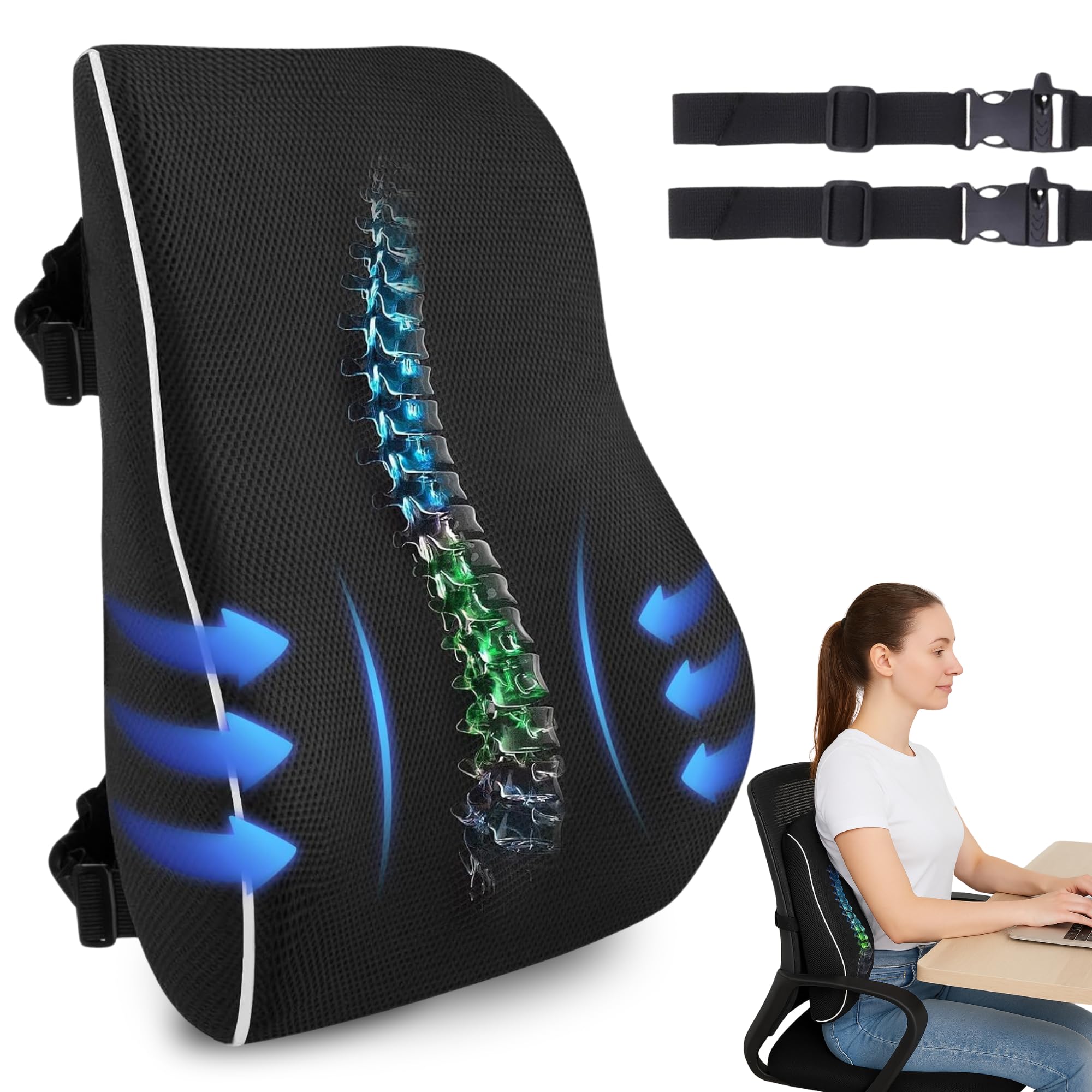 Homestar3 Cojín de Soporte Lumbar Ergonómico, Cojín Lumbar Silla Oficina Respaldo,Respaldo de Espuma Viscoelástica para Asiento de Automóvil, Silla de Oficina, Correas Ajustables
