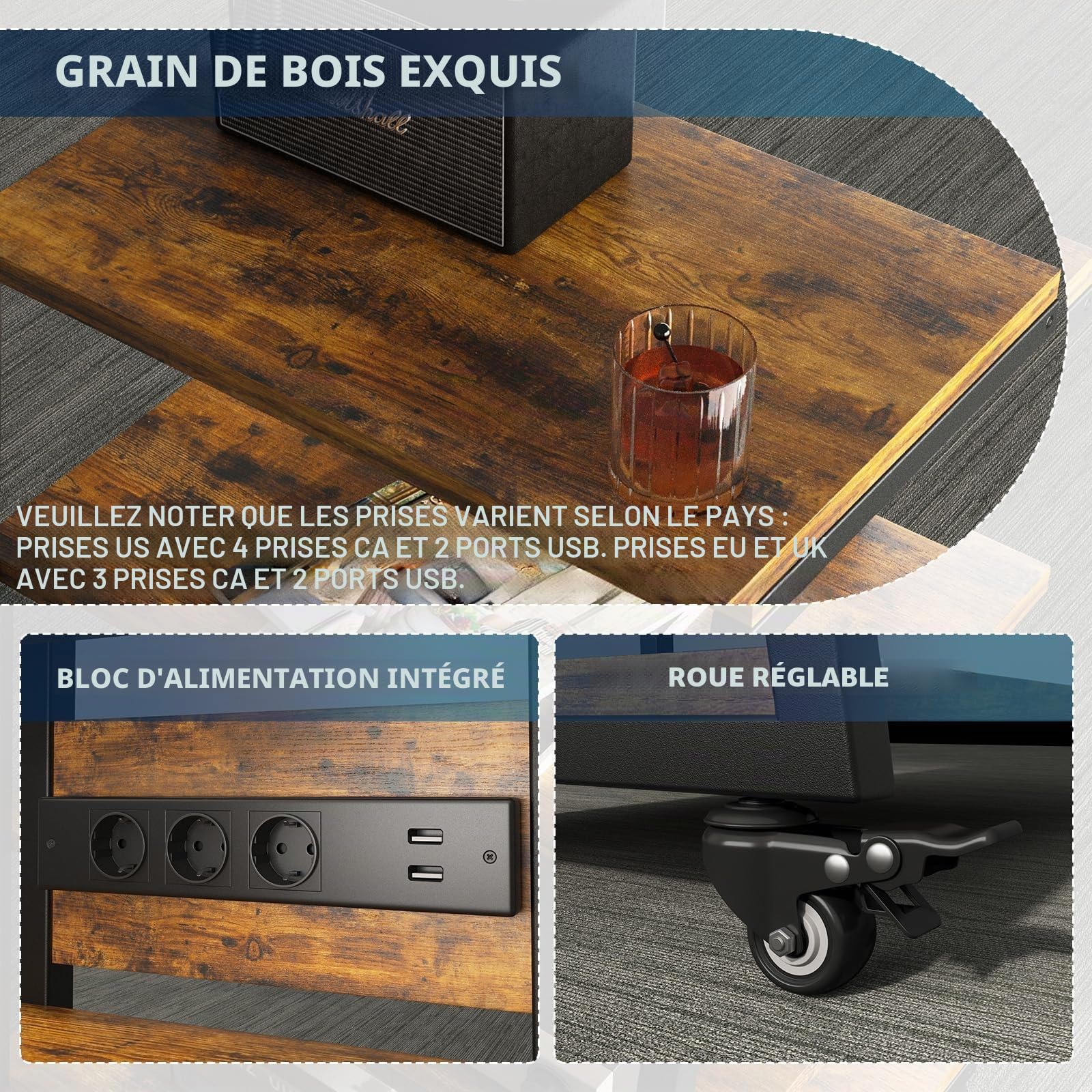 Meuble HiFi avec 4 Étagères en Bois, Hauteur Réglable, Capacité 50 kg