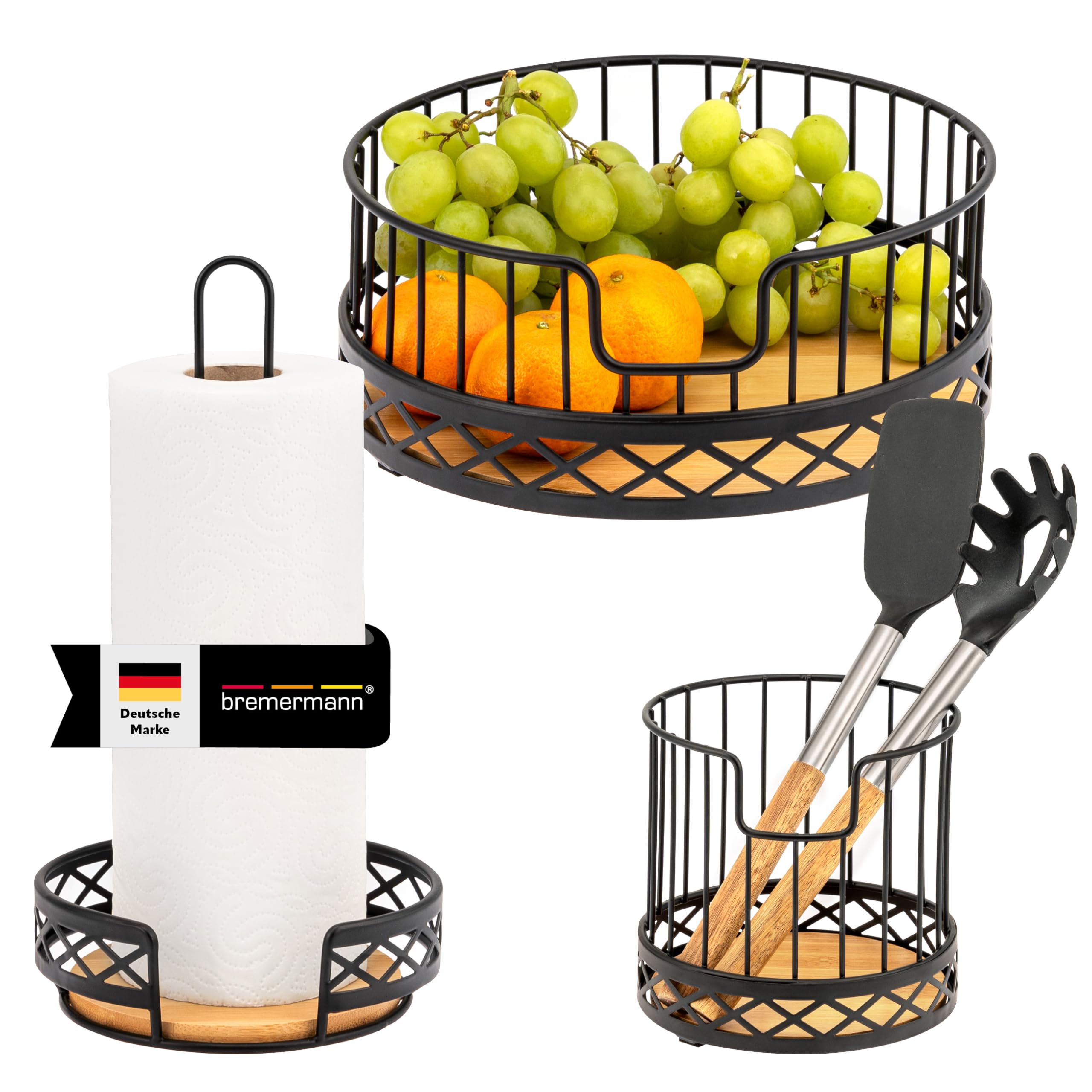 bremermann Küchenutensilien 3er Set, Küchenhelfer bestehend aus 1x Küchenrollenhalter, 1x Utensilienhalter und 1x Obstkorb/ Obstschale, moderne Materialkombination aus Bambus und Metall