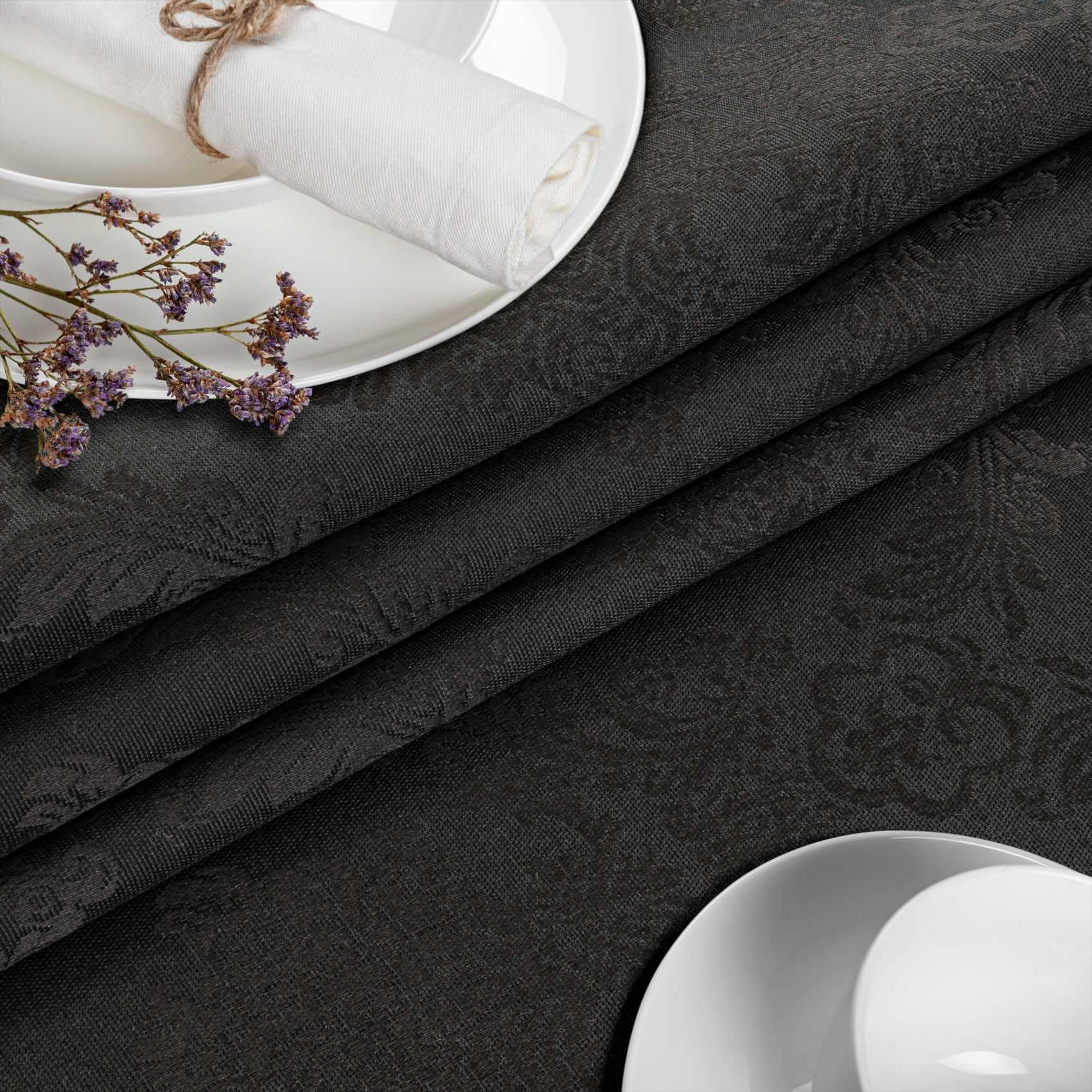 ANRO Tovaglia antimacchia Damascato barocco nero con orlo 220x140 cm
