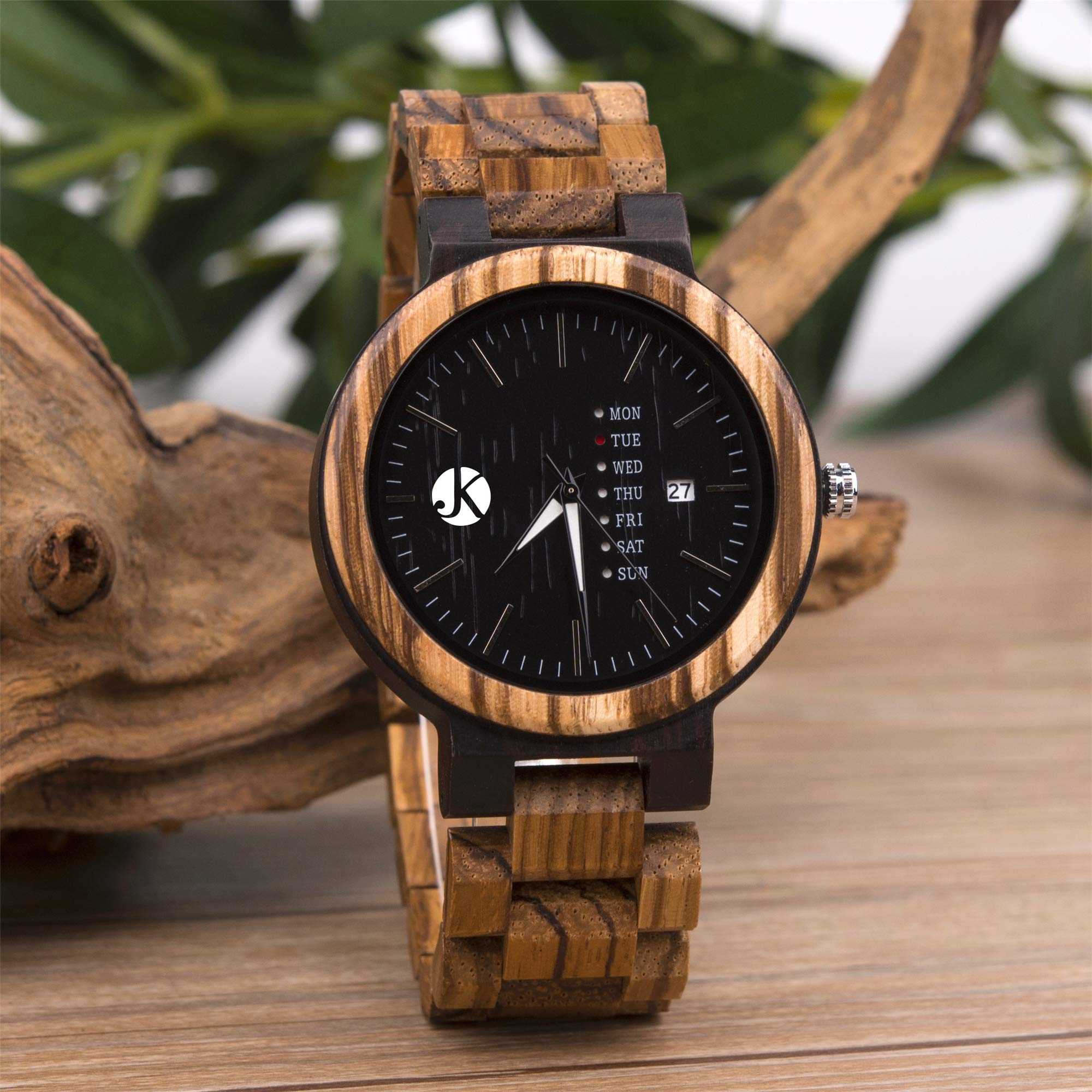 Kim Johanson Herren Holz-Edelstahl Armbanduhr *Dark Week* mit Datum- & Tagesanzeige Handgefertigt Quarz Analog Uhr inkl. Geschenkbox
