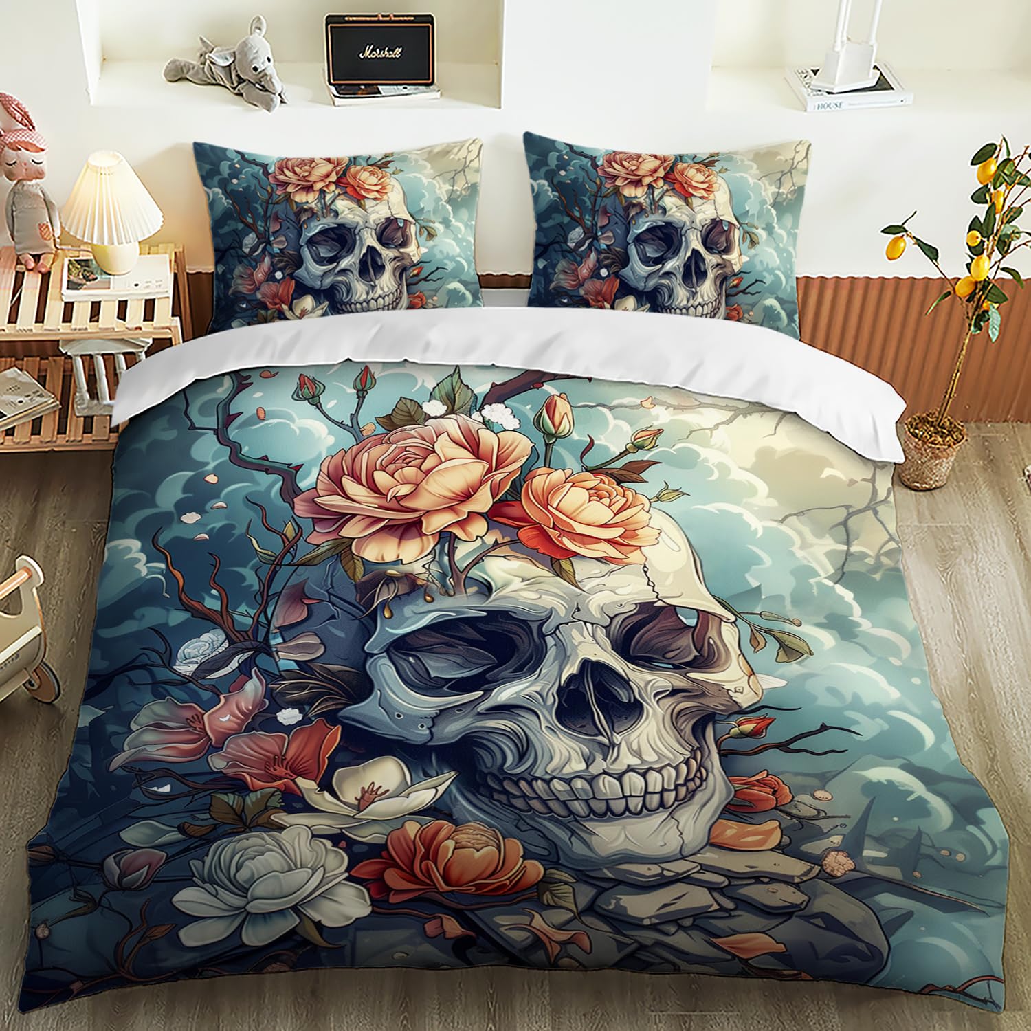 AILONEN Goth Skull Duvet Cover Set Queen Size,Abstract Flower Skeleton Quilt Cover,Retro Graffiti Skull Comforter Cover & 2 Pillowcases,Soft Lightweight