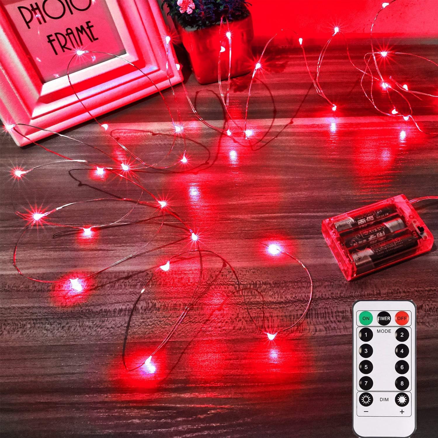 Indoor Fairy Lights, Valentine's Day LED Fairy Lights, 5 m, 50 LEDs, Red Mini LED Fairy Lights with Remote Control, Copper Wire Fairy Lights for Party, Garden, Christmas, Halloween, Wedding, Lighting