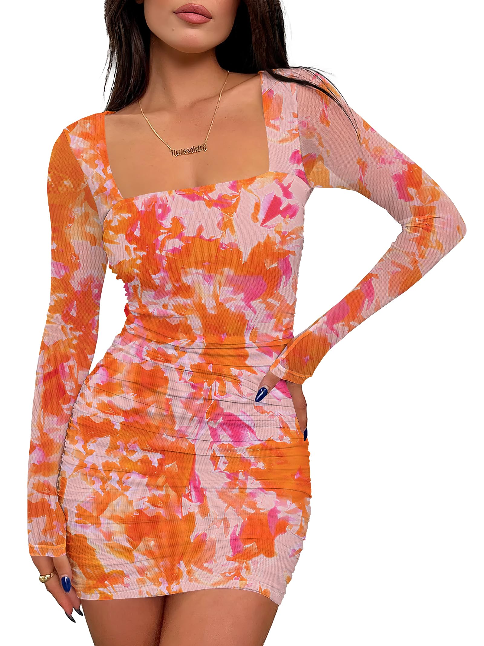 Womens Mesh Long Sleeve Square Neck Ruched Mini Dress Sexy Bodycon Elegant Cocktail Evening Club Party Short Dresses