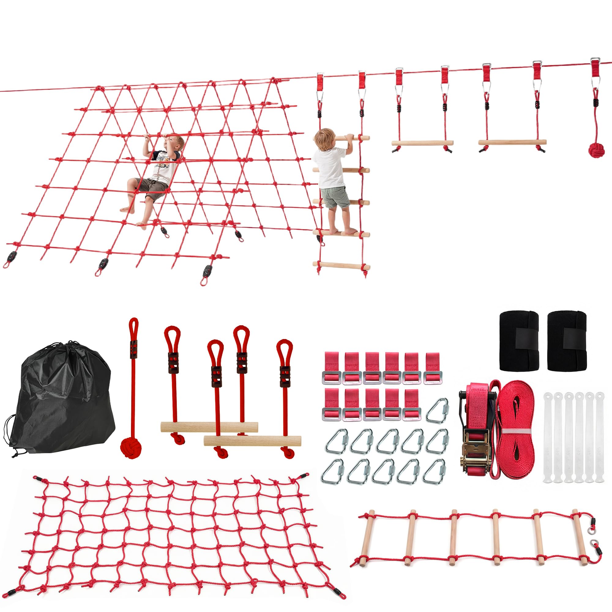 AIYAPLAY Ninja Line Kinder 10m Slackline Set mit Slackline, Turnringe, Schaukel, Kletterleiter, Kletternetz, Kletterseil, Reckstange, Outdoor Spielset Ausrüstung für 3-6 Jahre Kinder Rot