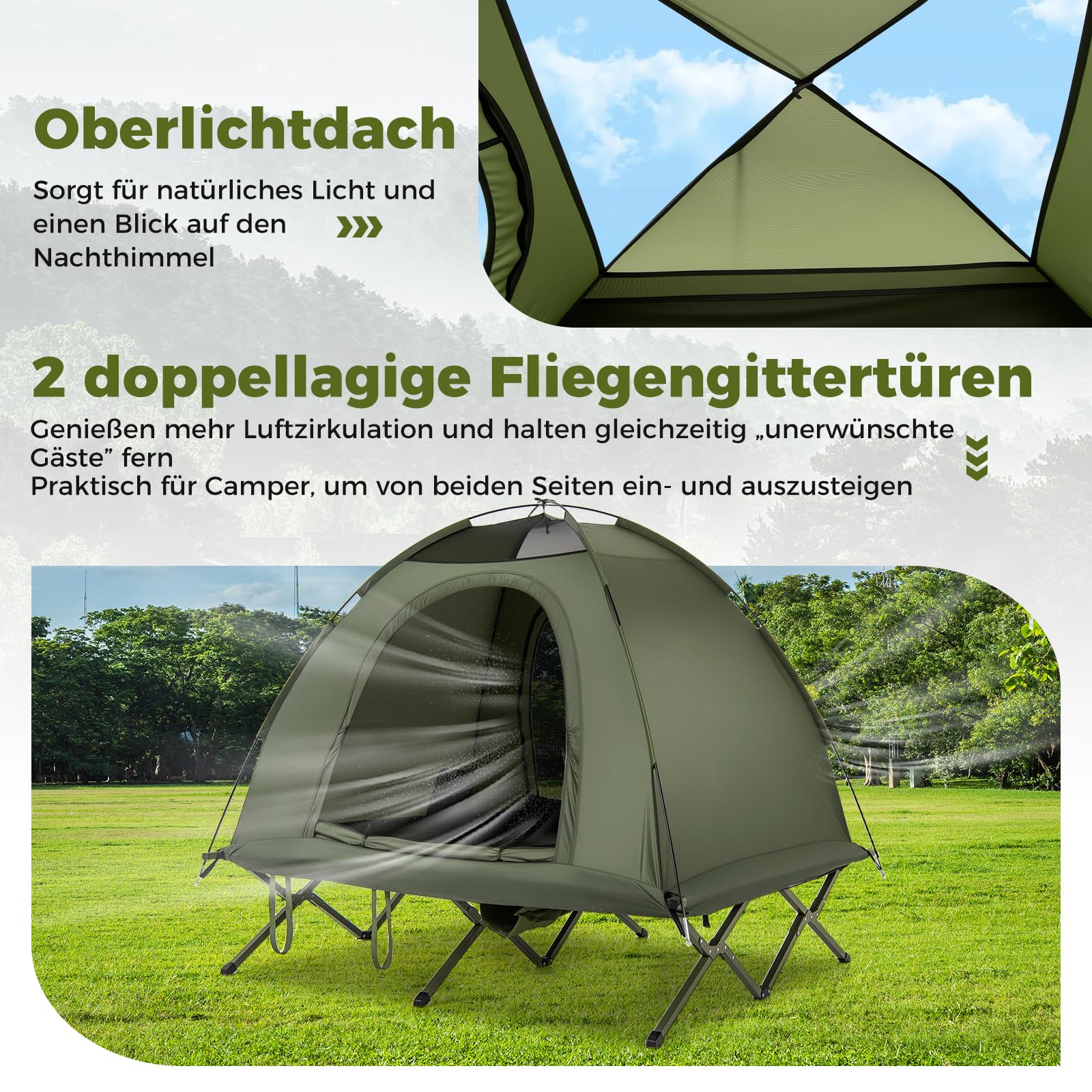 COSTWAY Feldbett mit Zelt für 2 Personen, Campingbett mit Regenschutz, 2 Netztüren, Dachfenster & Rolltasche, Campingliege, 300 kg Tragkraft, 194 x 145 x 150 cm