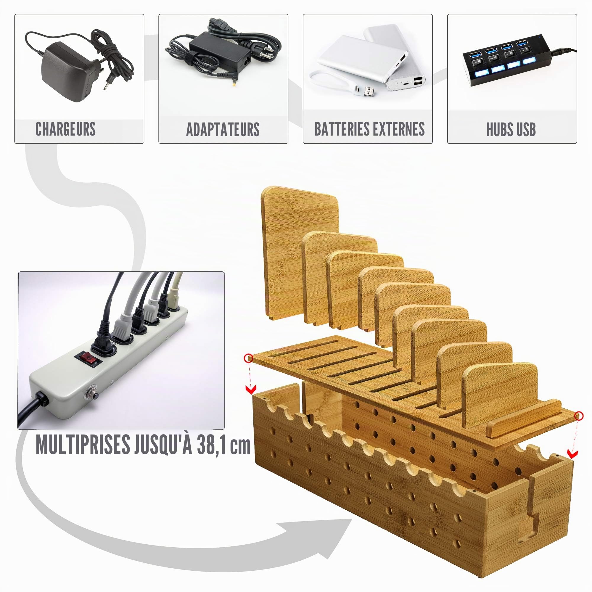 Prosumer's Choice Station de recharge en bambou avec 10 appareils, organisateur de câbles pour smartphones et tablettes