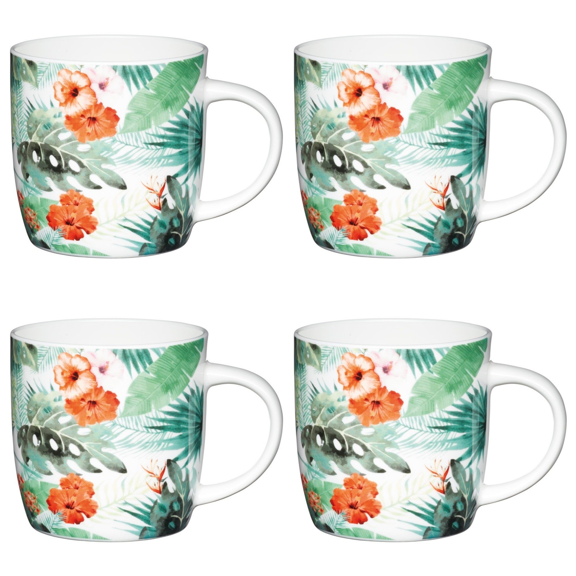 KitchenCraft Palm Leaf Floral-Printed Barrel Mugs, China, Multi-Colour, 425 ml, Set of 4