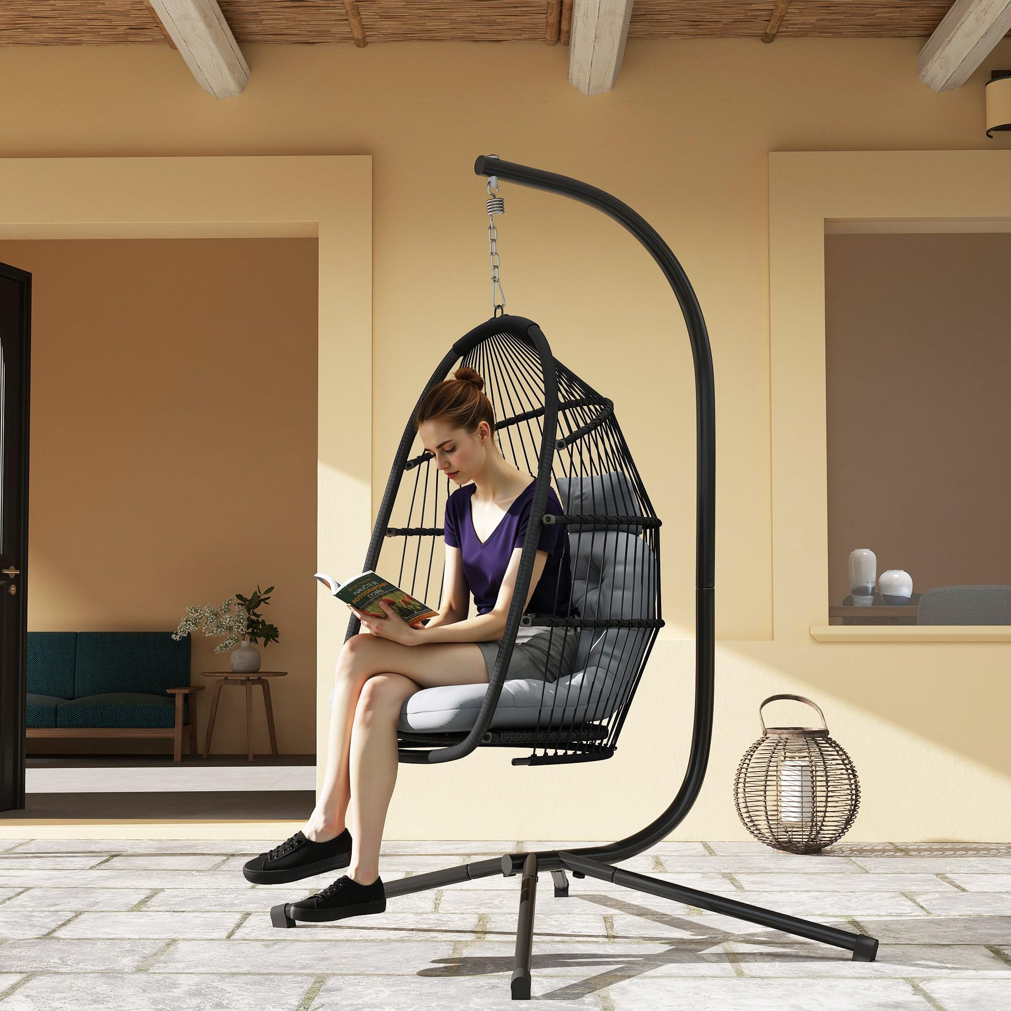 Outsunny Silla Colgante Huevo con Soporte Exterior 150 kg Gris Oscuro | Columpio Jardín, Cesta Plegable, Cojín Anti-UV, Reposacabezas Desmontable, Uso Interior
