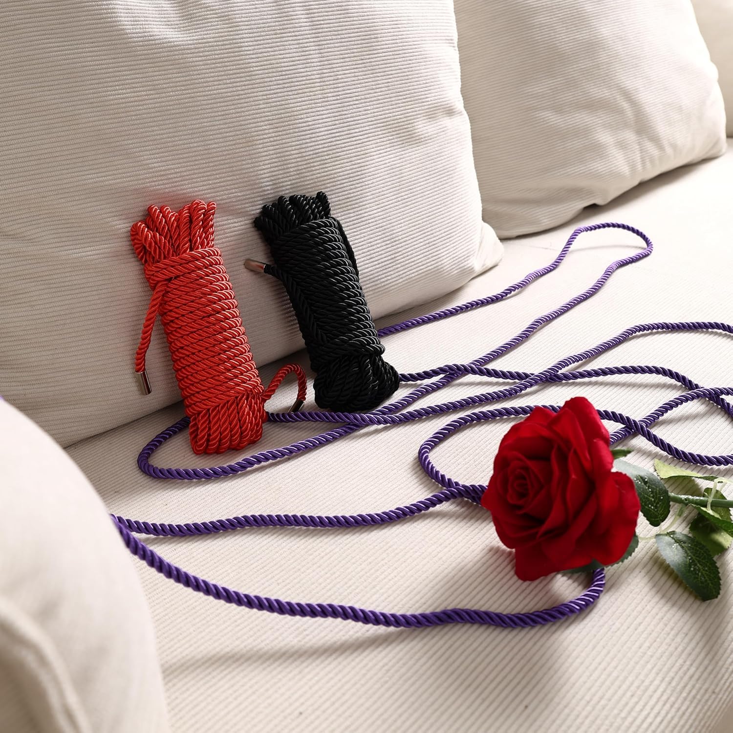 Soft Silk Tying Rope - Skin-Friendly Shiny Colored Nylon Binding Ropes, Durable Multi-Purpose Satin Braided Twisted Decorative Cord, Thickness 8MM, Each 32-Foot Long (3 x Black): 3 Black