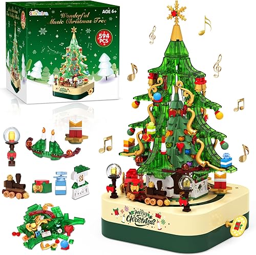 Shemira Juego de 594 piezas de bloques de construcción de árbol de Navidad, caja de música giratoria para árbol de Navidad, juegos de construcción