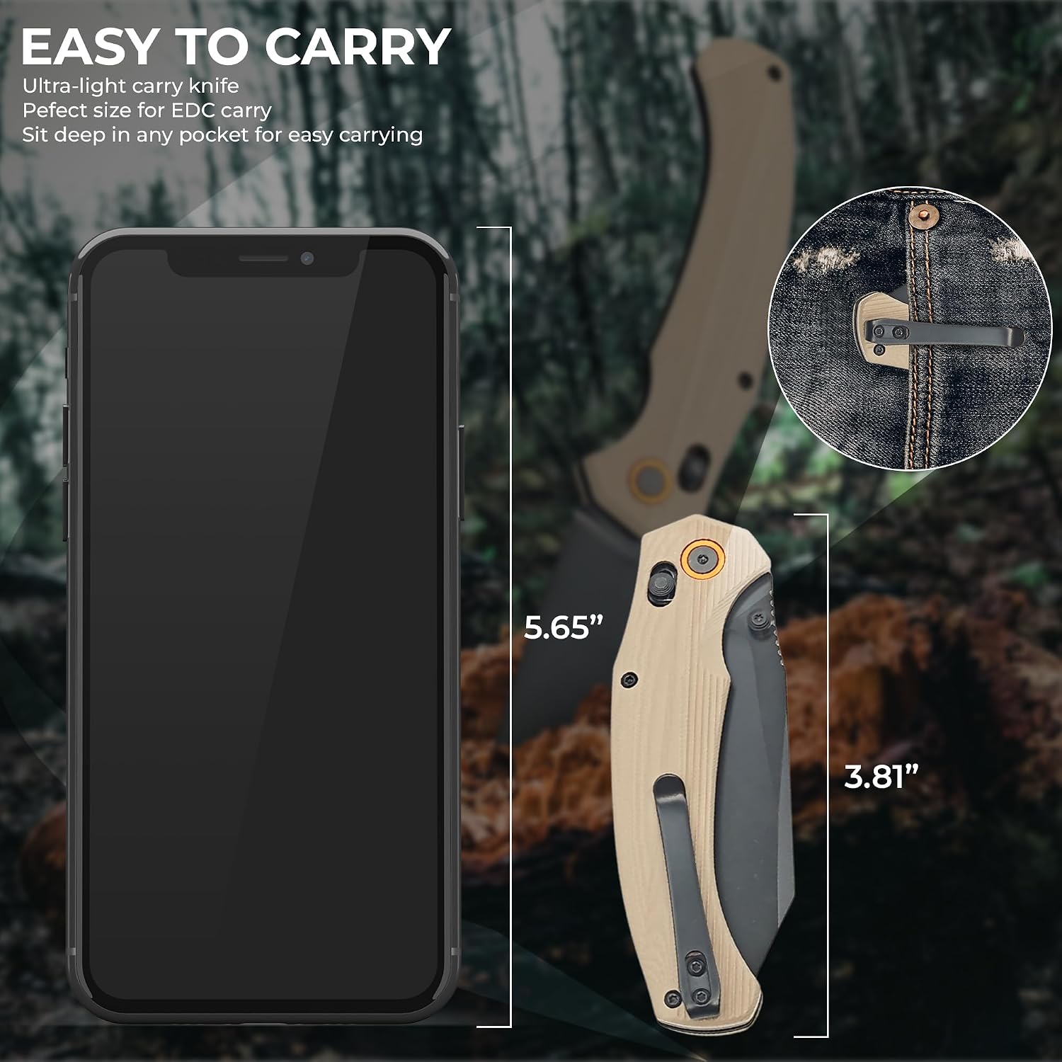 D2 Steel Folding Pocket Knife with Side Lock - 4.72” Desert Tan G10 Handle, Titanium Coated 90mm Blade, EDC Knife + Bonus Emergency Wire Saw