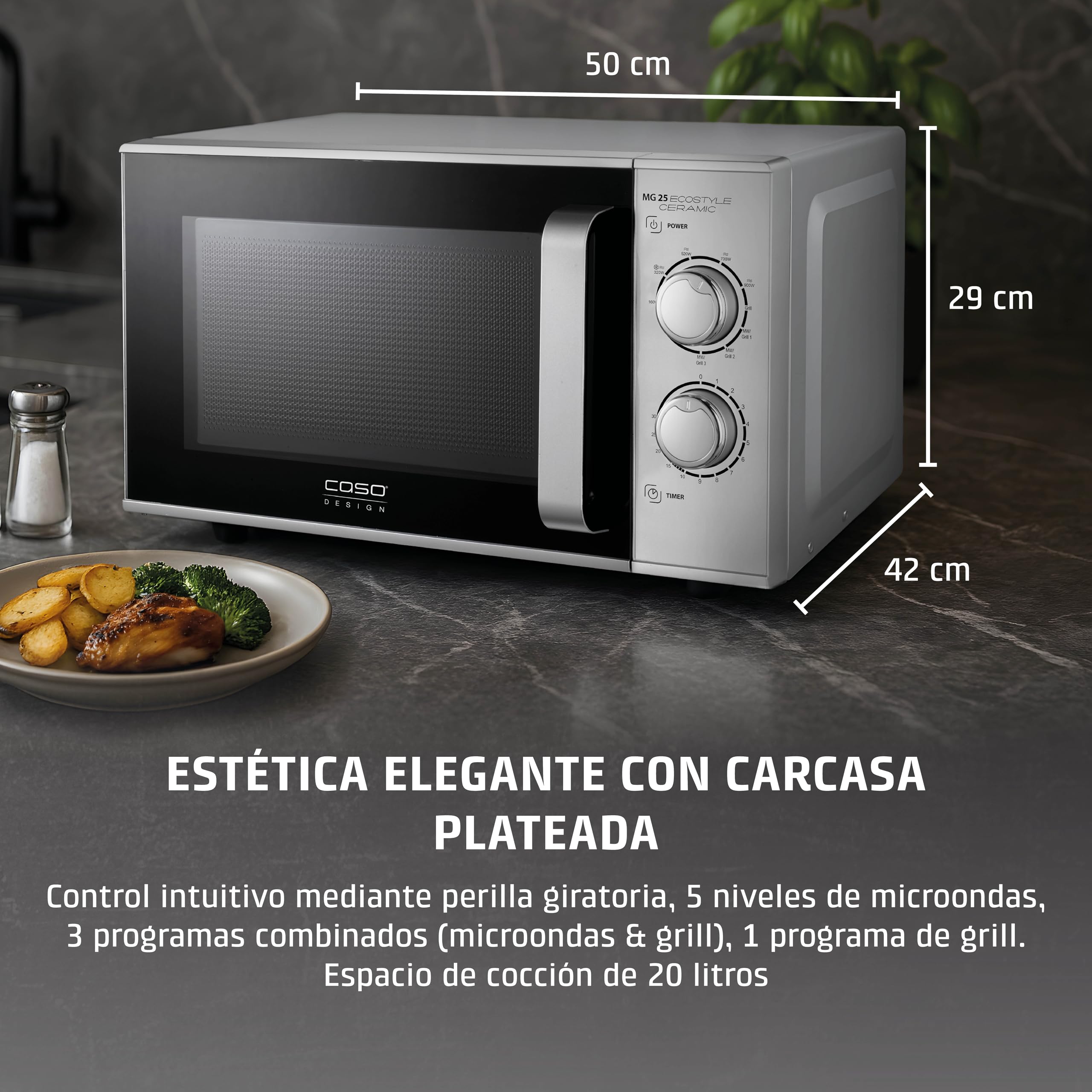 CASO MG 25 Ecosytle Ceramic - Microondas 2 en 1 sin plato giratorio con grill de 1000W - Capacidad de 25L - Temporizador hasta 30 mins - grande - plateado