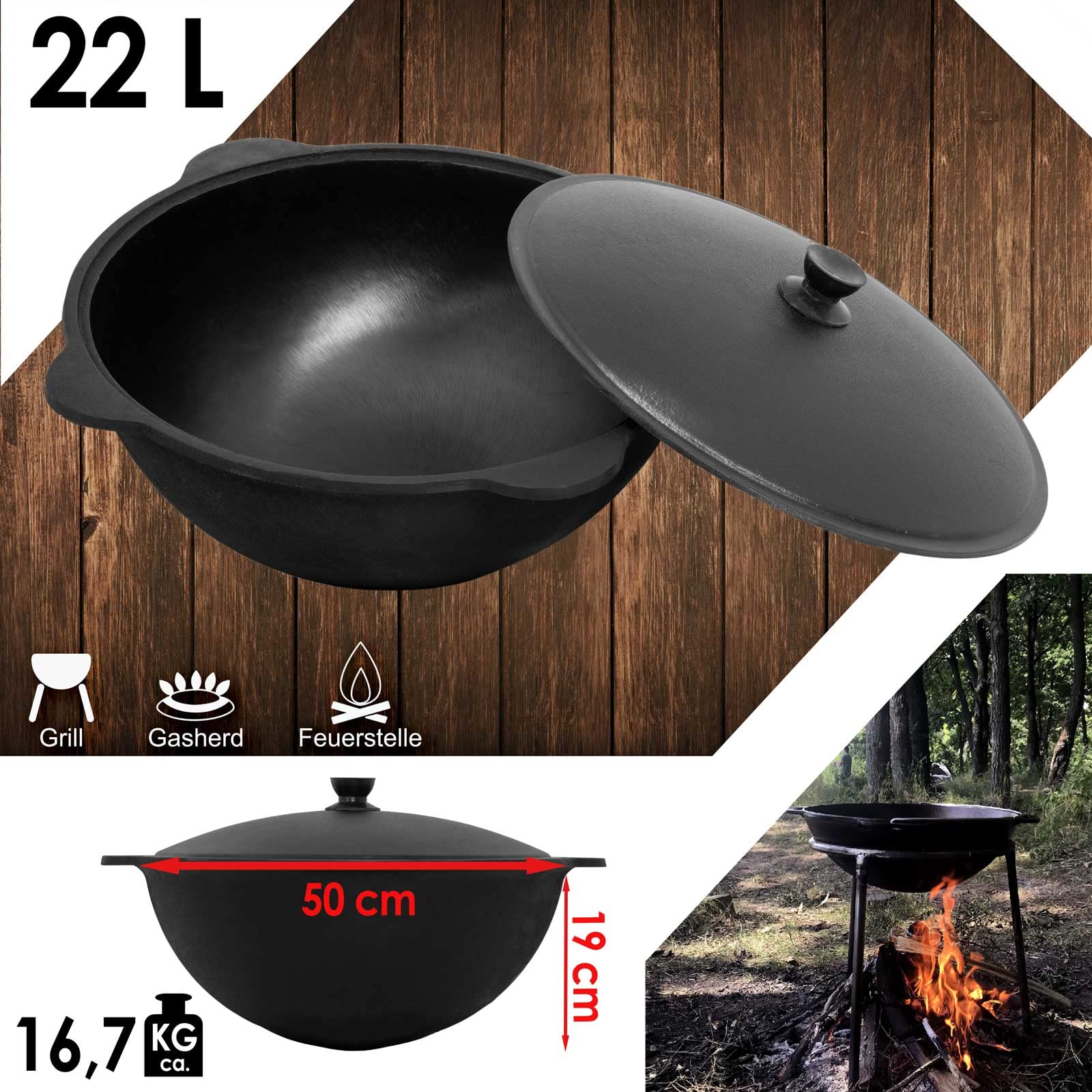 Namangan Kazan Pot pivotant en fonte 22 l (fond rond) Kazan Ouzbek Cast Iron Chaudron Uzbek Camping Uzbek Asia Wok avec couvercle en aluminium