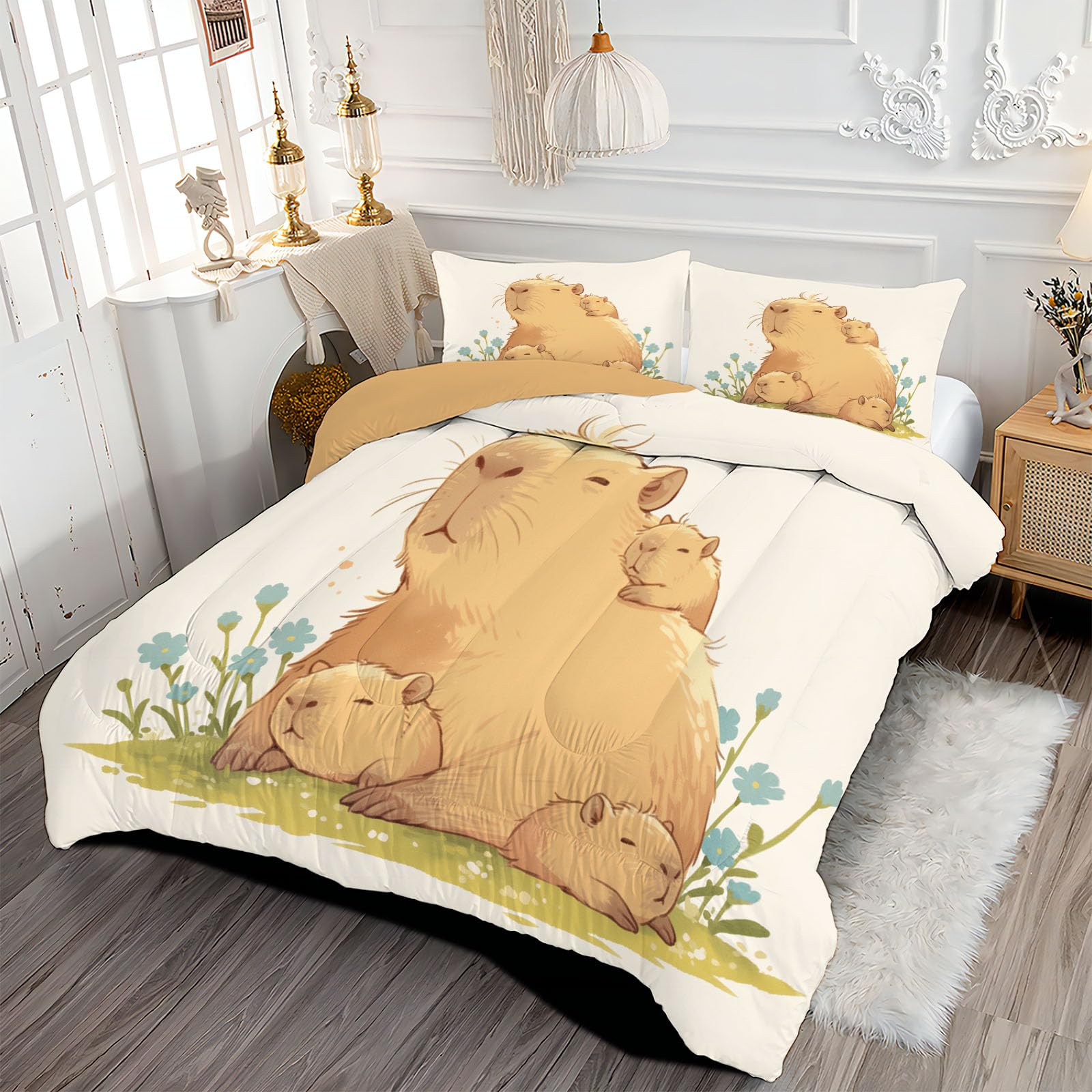 Trapunta Invernale in Ecopiuma, 260x230cm Set Piumone Libri Per Bambini Imbottita 200 gr/mq Caldo e Morbido Piumino Trapuntato Capibara Carini Coperta Letto Reversibile per 4 Stagioni, Marrone Chiaro