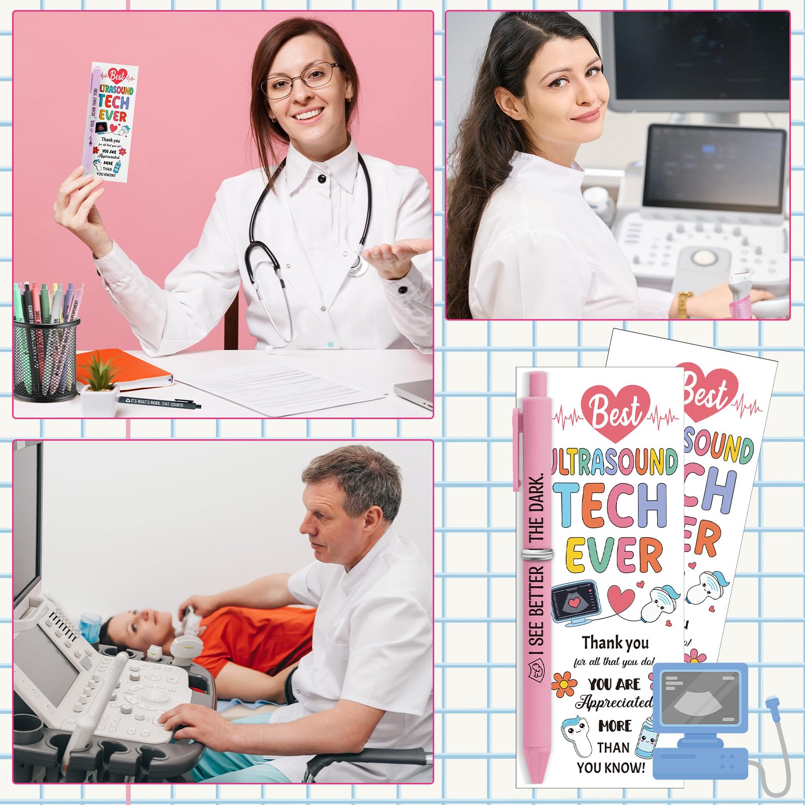 Gueevin 36 Sets Sonographer Gifts Set 12 Designs Ultrasound Themed Pen with Matching Themed Thank You Cards for Ultrasound Tech Week Sonography Student Graduation Radiology Nurse Appreciation