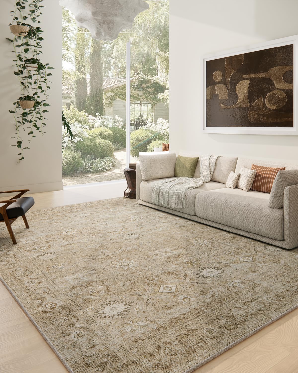 Washable Living Room Area Rugs: 9'x12' Large Rug Stain Resistant Distressed Vintage Boho Rug Non Slip Low Pile Faux Wool Soft Rug 