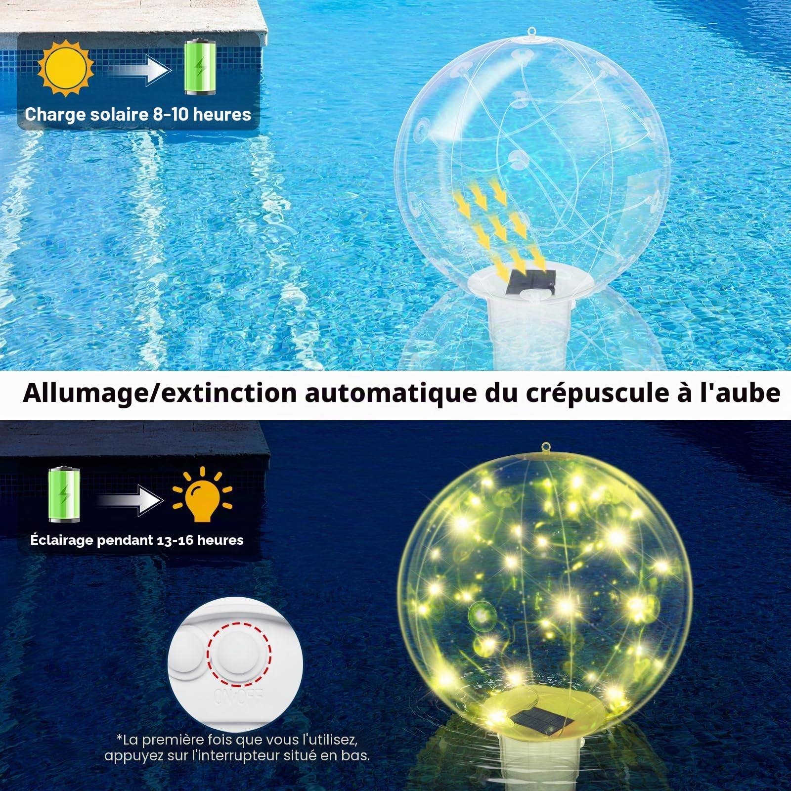 Lampe Flottante Solaire LED,Ø36cm Flotteur De Chlore De Piscine avec Lumière Solaires,Étanche Boule Lumineuse Couleurs Changeantes Boule Diffuseur Chlore Piscines pour Étang Jardin Fête