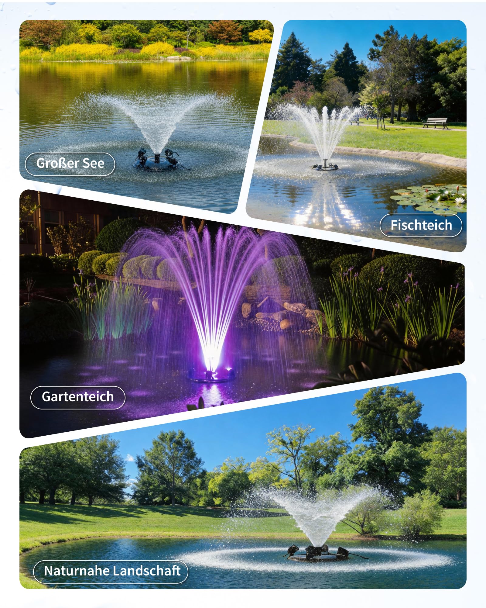 POPOSOAP Schwimmende Teichfontäne & Belüftung Komplett-Set mit LED-Leuchten, 6000 L/h Hochleistungs-Wasserpumpe, 9m Stromkabel, 3 Spritzmuster für Teiche, Pools, Seen & WasserGärten