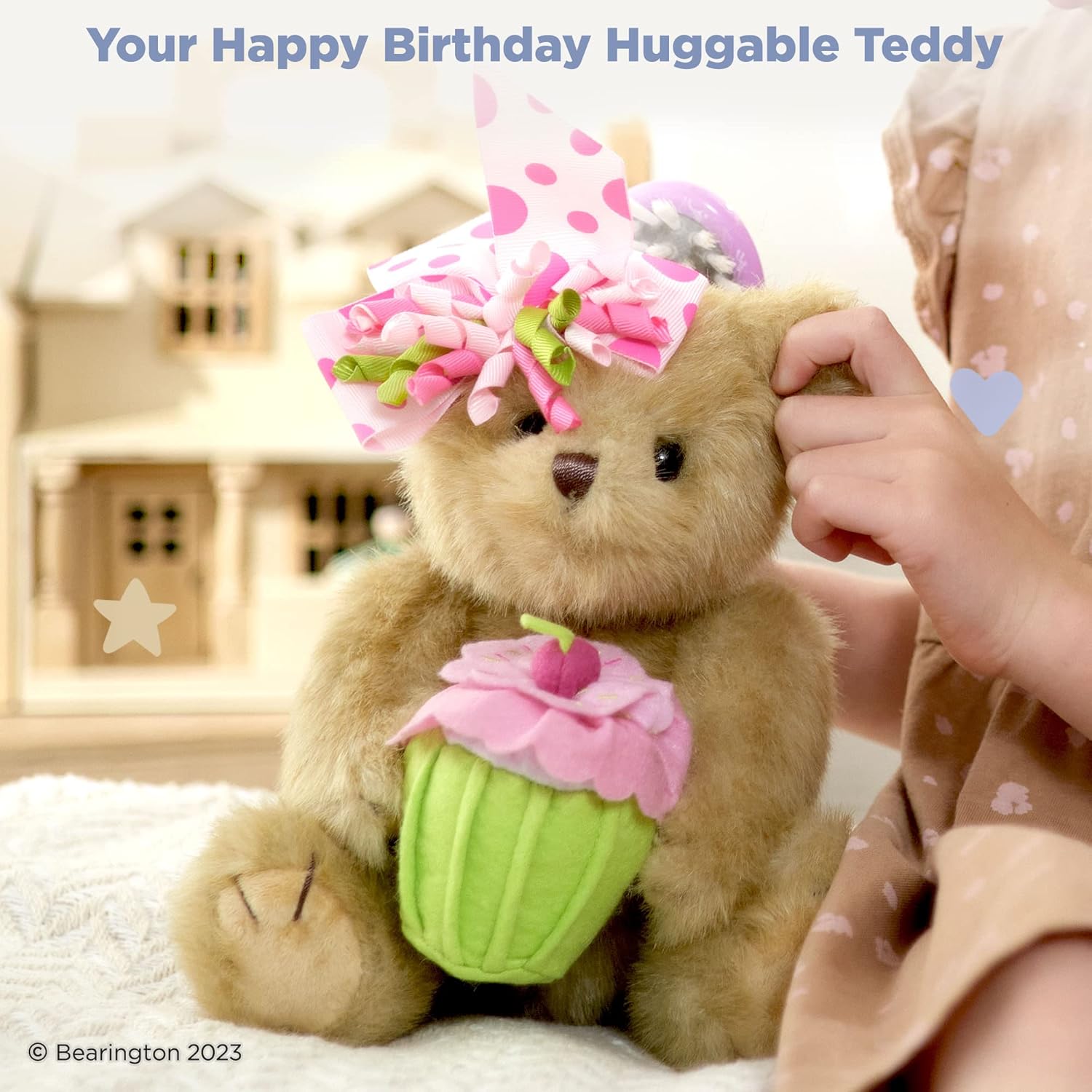 Bearington Casey Teddy Bear Cupcake Birthday Plush - 10" Brown Birthday Stuffed Animal with Soft Faux Fur Wearing A Hair Bow and Plush Cupcake - Adorable Bear Stuffed Animal Gift for Toddlers and Kids