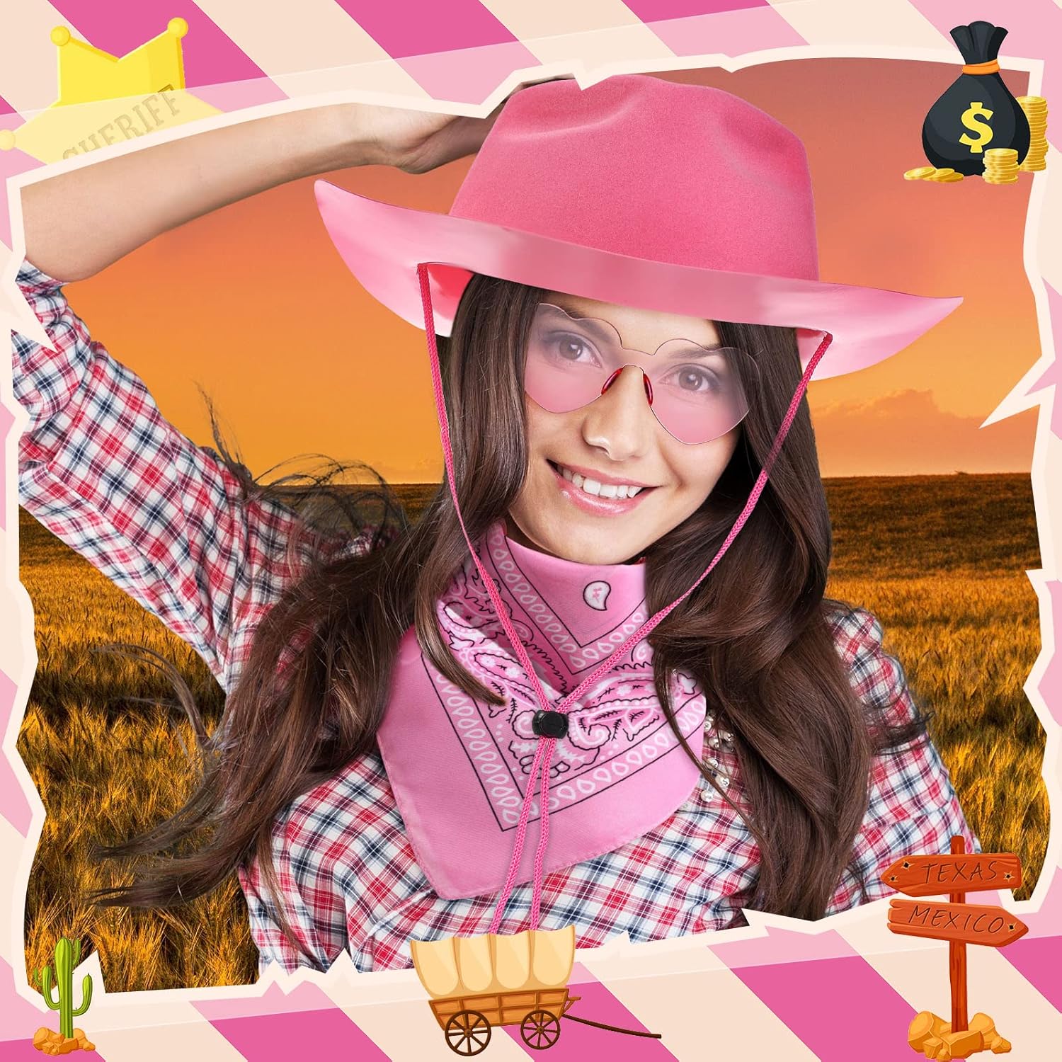 Newcotte 18 Pcs Western Cowboy Plastic Hat Set Include 6 Hats 6 Paisley Bandanas 6 Pairs Heart Glasses for Party - Image 5