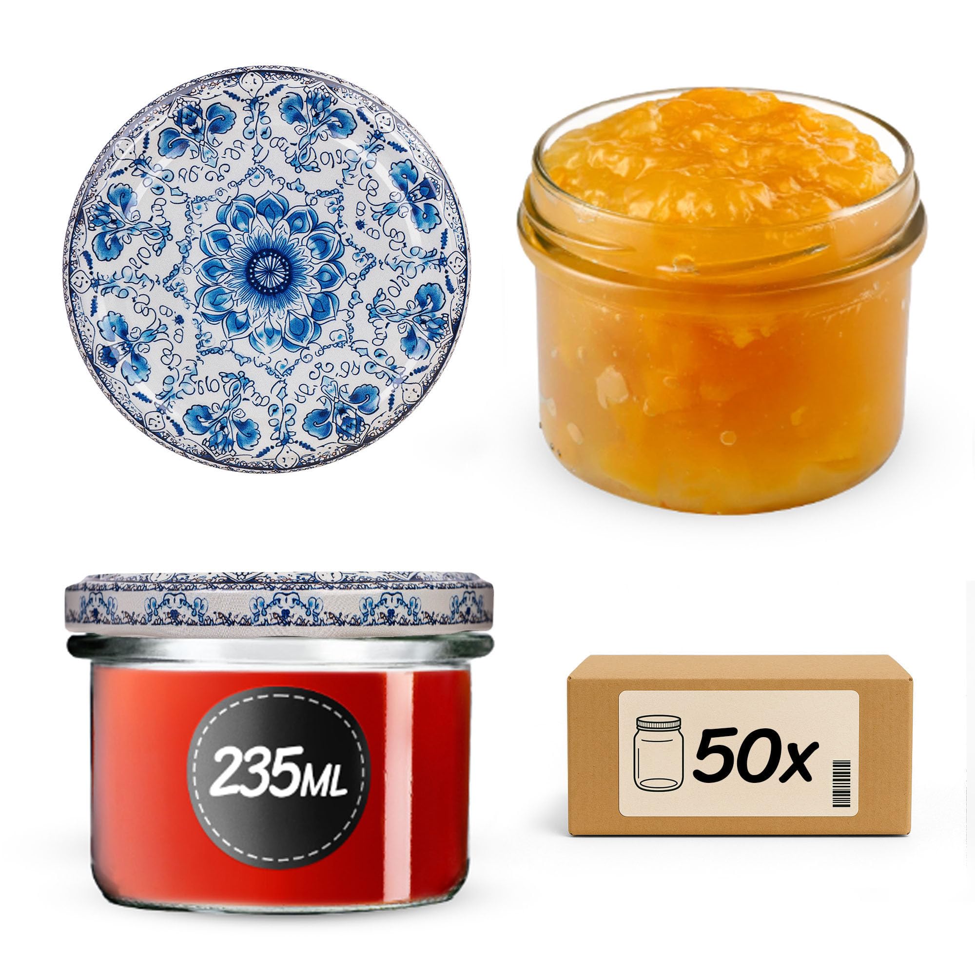 KADAX Lot de 50 bocaux à confiture en verre 235ml Ø82 blanc/bleu – couvercle à vis hermétique, pour confitures, gelées, miel et conserves maison
