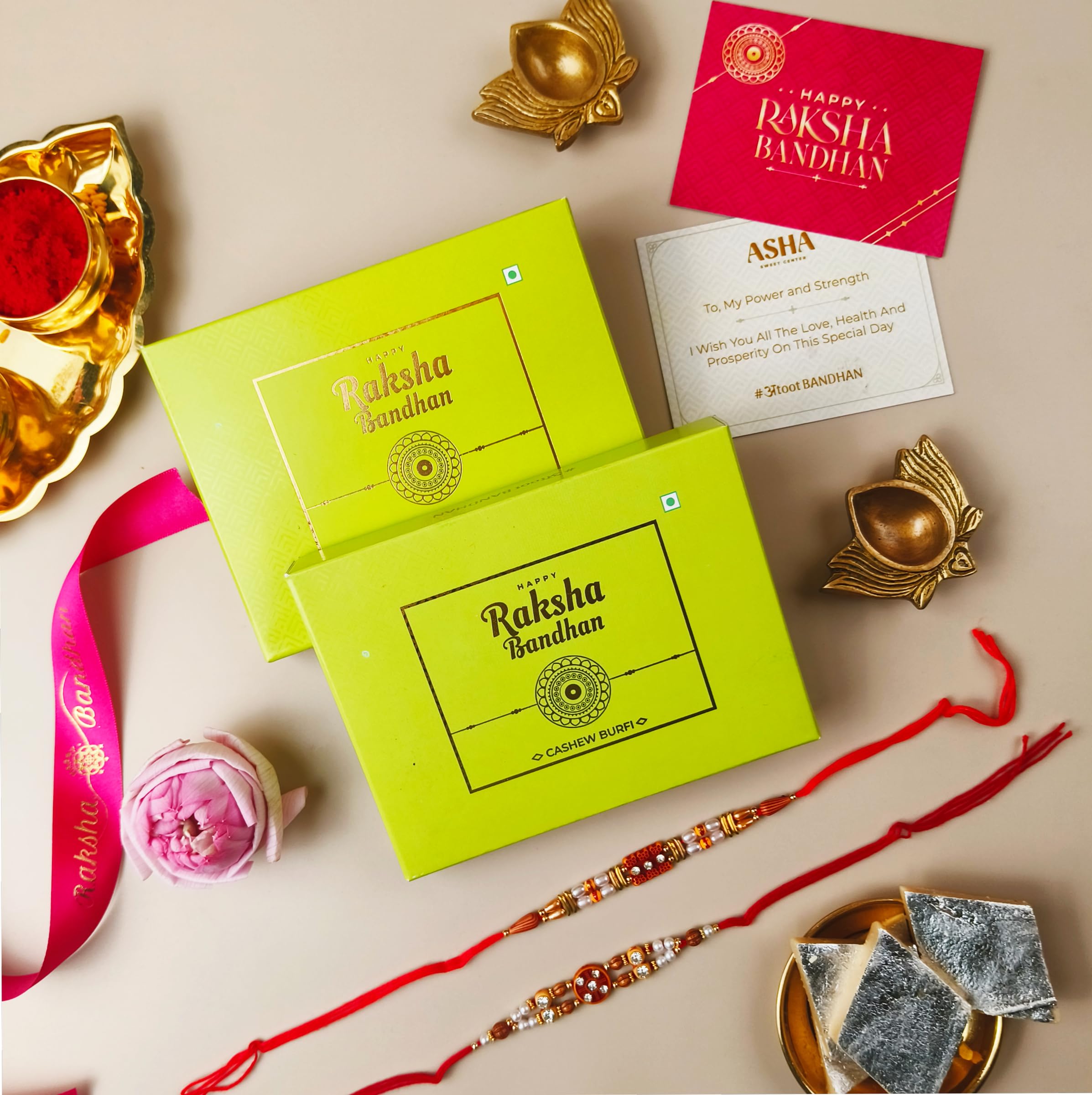 Asha Sweets, Pack of 2 x 100g Cashew Barfi with 2 Premium Hand Made rakhi's and wishes card , Rakshabandhan Kaju Katli With Rakhi for Brother, Premium Sweet Gift Hamper Combo Pack for Bhaiya and Bhabhi