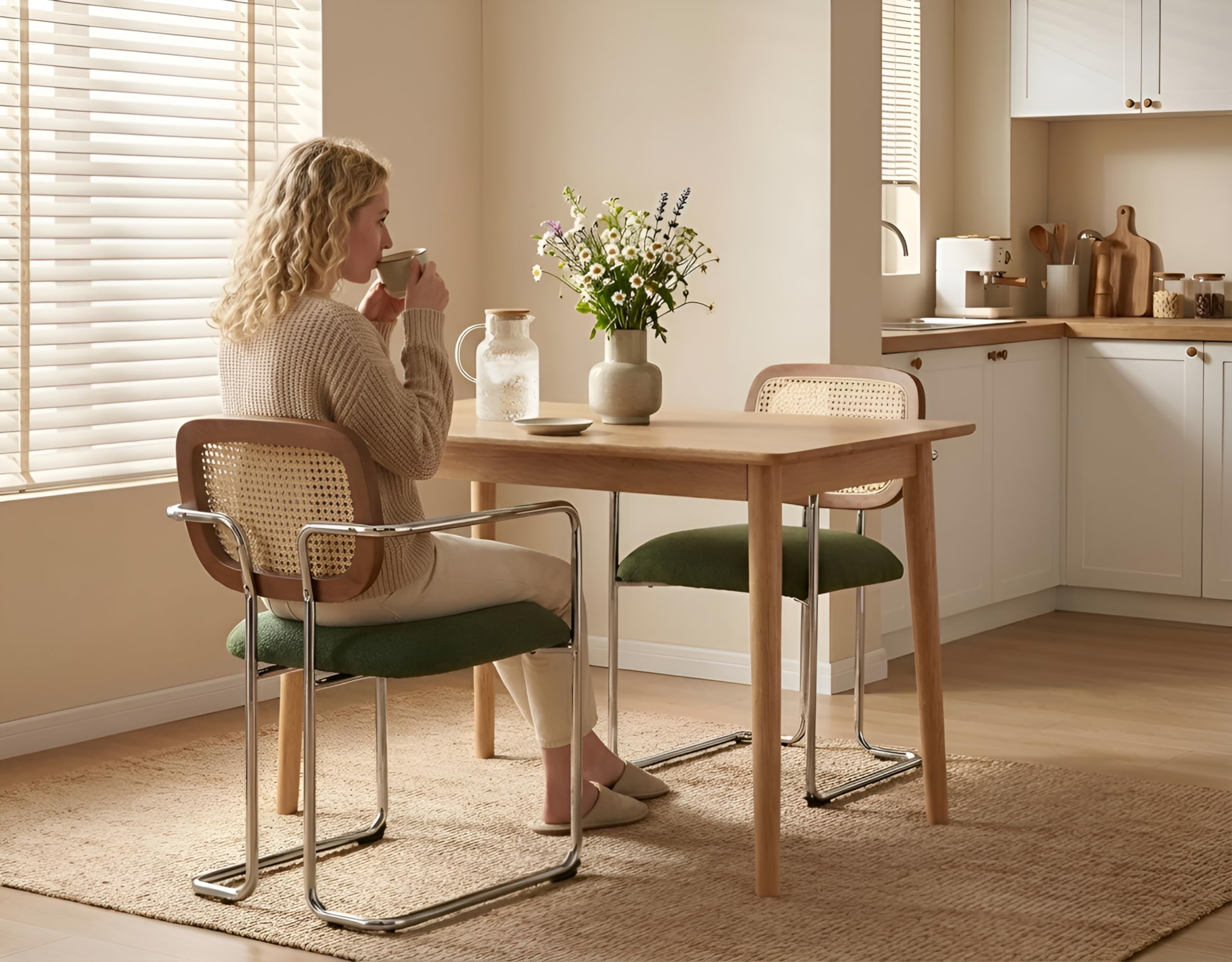 Esszimmerstühle 2er Set, Retro Küchenstühle mit Rattan Rückenlehne Gepolsterte Essstühle mit Metallgestell aus Leinen, für Esszimmer Wohnzimmer Küche Schlafzimmer​Lounge, Grün