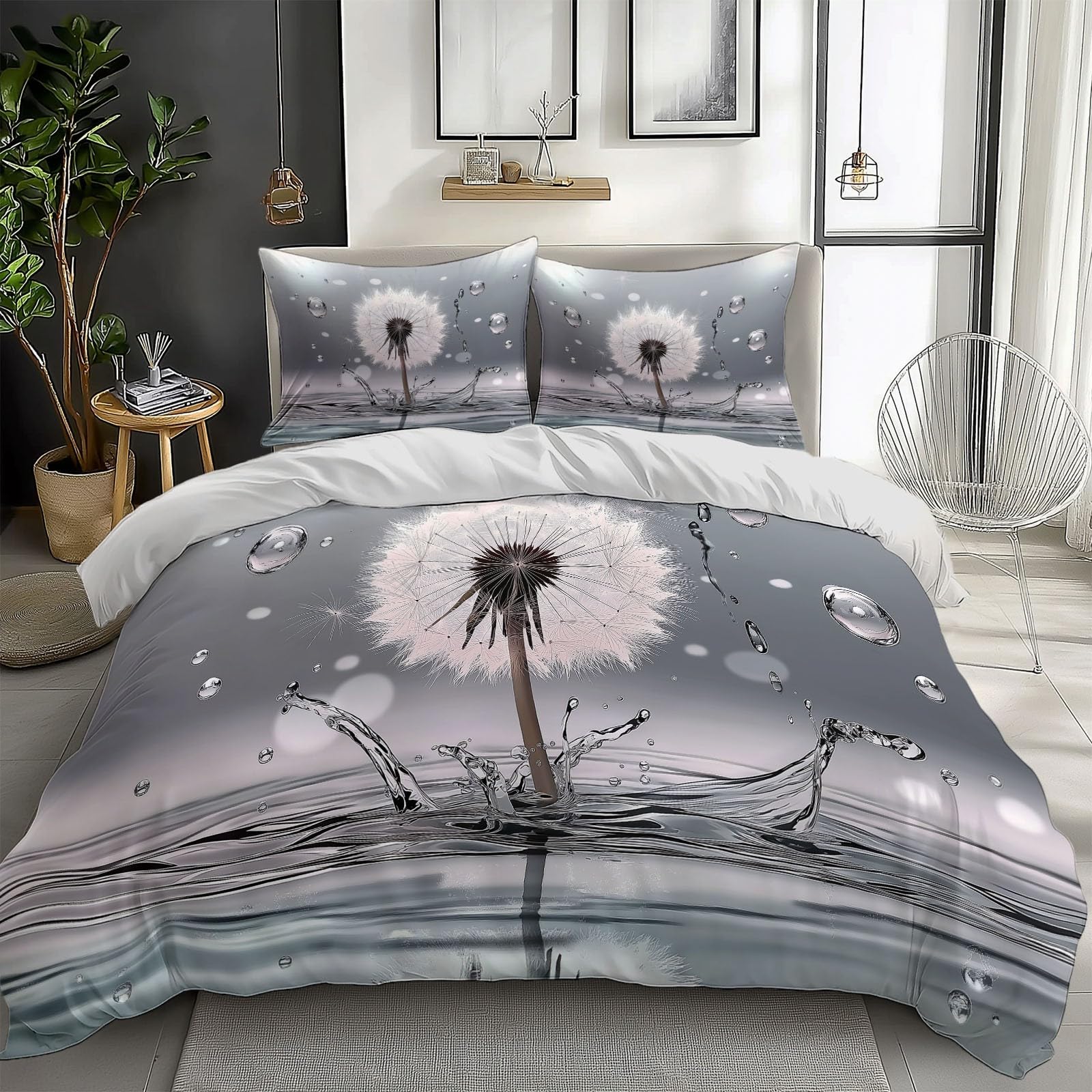 Dark Duvet Cover Twin Size 2 Pieces Dandelion Water Drops, Bedding Room Decor Bedspread for Kids Teens, Comforter Quilt Cover Bedding Set with Pillow Sham
