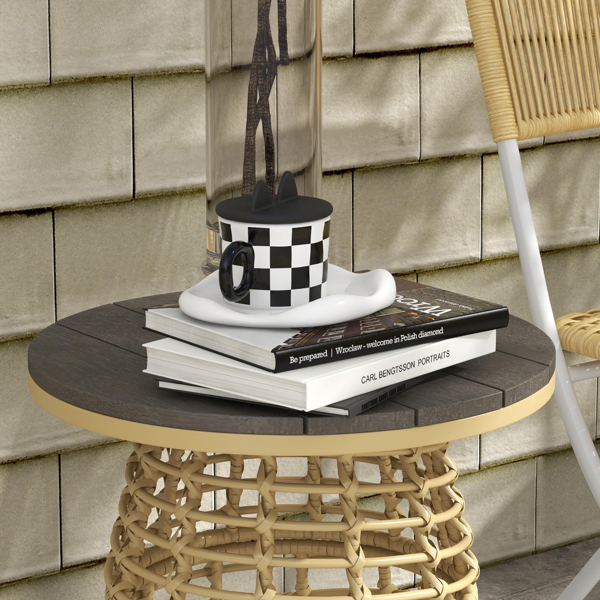 Outsunny Table Basse de Jardin Ronde Résine Rotin Métal Plateau Composite Ø 45 x 50 cm Naturel