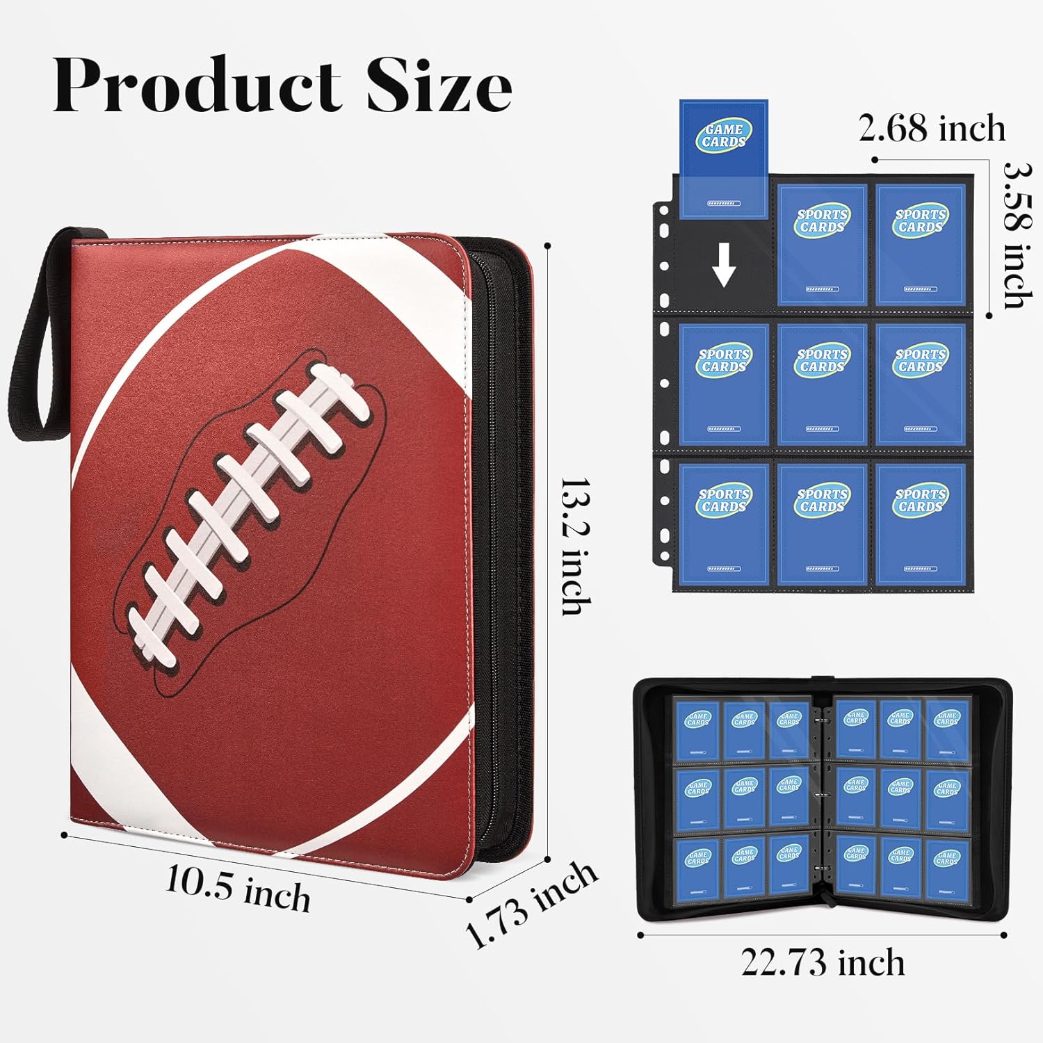 Fabmaker 9 Pocket Card Binder, Premium Trading Card Binder Holds 756 Cards, PU Cover 3 Ring Zipper Card Binder, Portable Baseball Card Binder, Collection Album for Game & Sport Cards, Football Style
