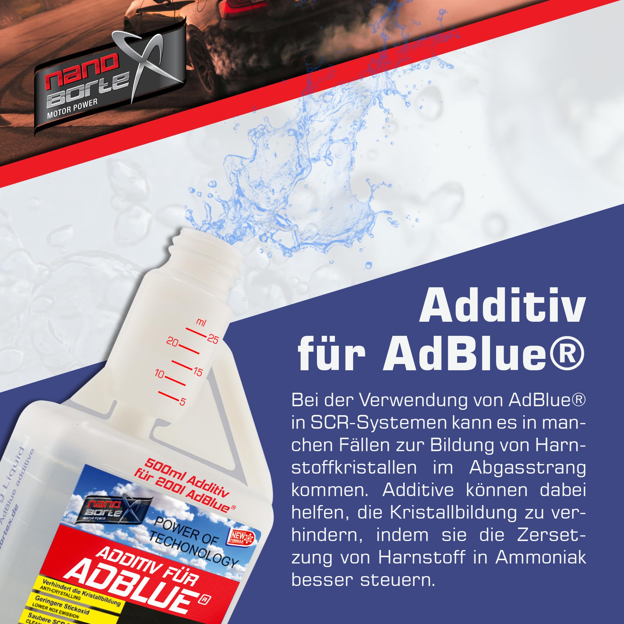 NanoBorTeX Additivo per AdBlue® – SCR Cleaner contro la formazione di cristalli e pulisce il sistema SCR, migliora le prestazioni del catalizzatore e garantisce una pulizia efficace dei gas di scarico