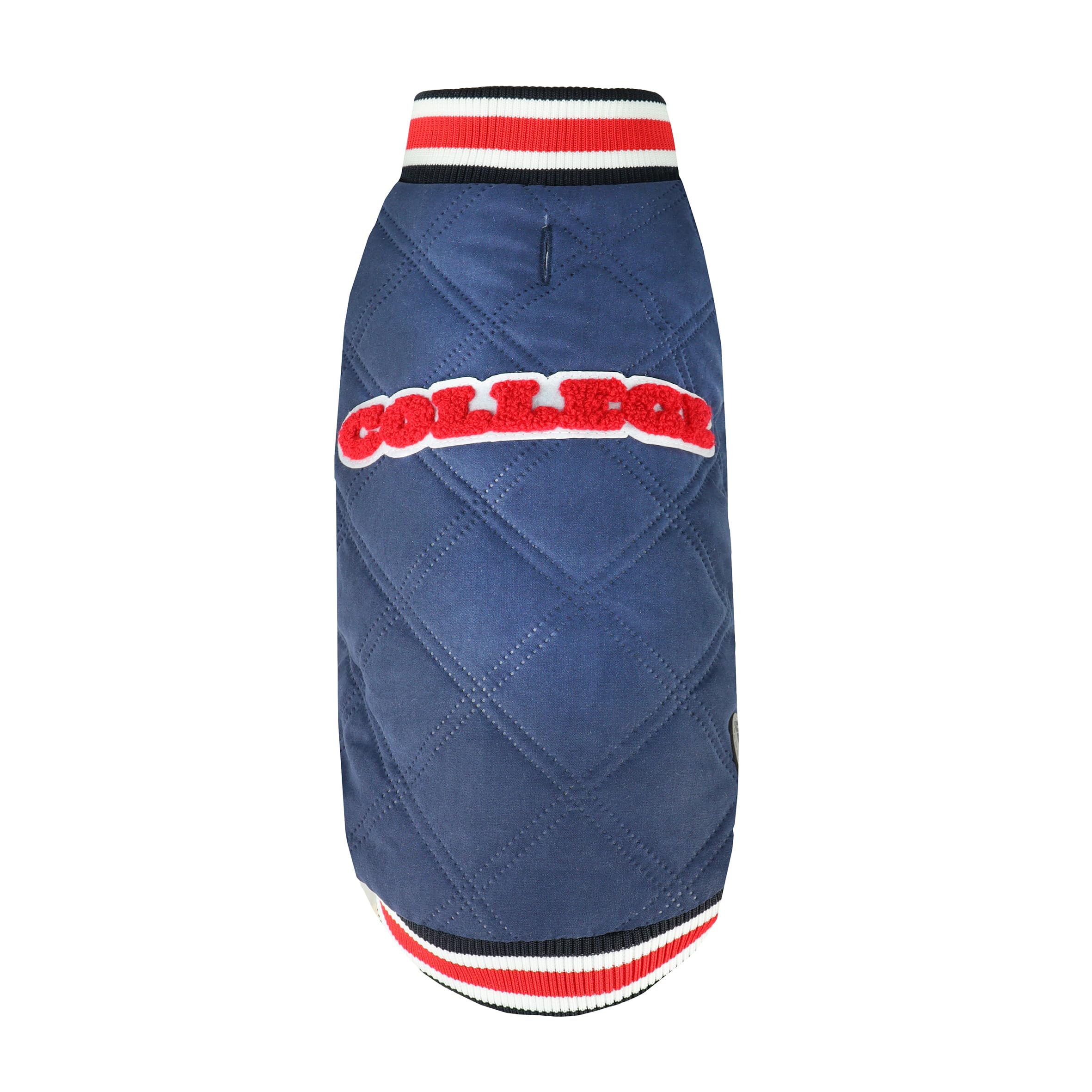 Record - College Dog Coat, Quilted and Padded Coat with Leash Hole, Velcro Closure and Adjustable Elastic Bands for Practicality | Blue/Red, XS - Back Length 30 cm
