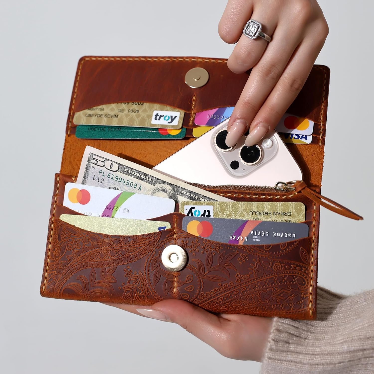 Genuine Leather Handmade Wallet for Women Large Capacity Credit Card Holder Ladies Bifold Long Clutch Handbag Slim Minimalist Western Purse with Zipper Pocket - Image 2