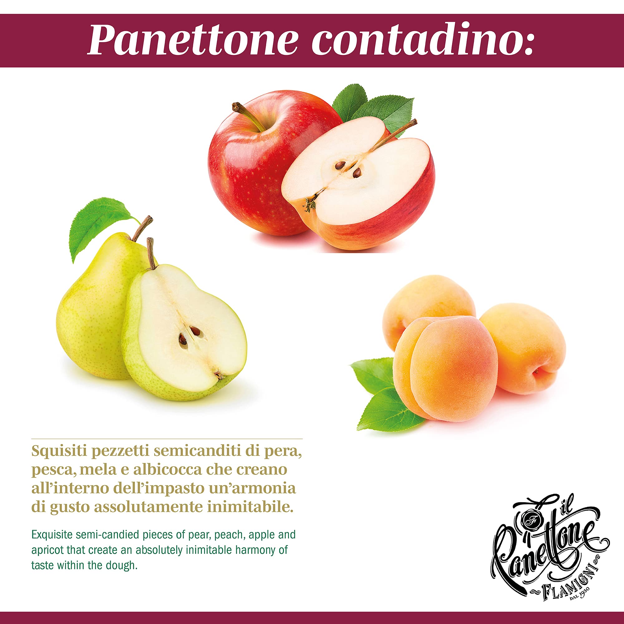 FLAMIGNI, Panettone Artisanal Italien à la Poire, Pêche, Pomme et Abricot Confit, avec Glaçage aux Noisettes, Amandes et Sucre, sans Raisins Secs, Emballage Cadeau avec Décoration pour Noël, 1kg