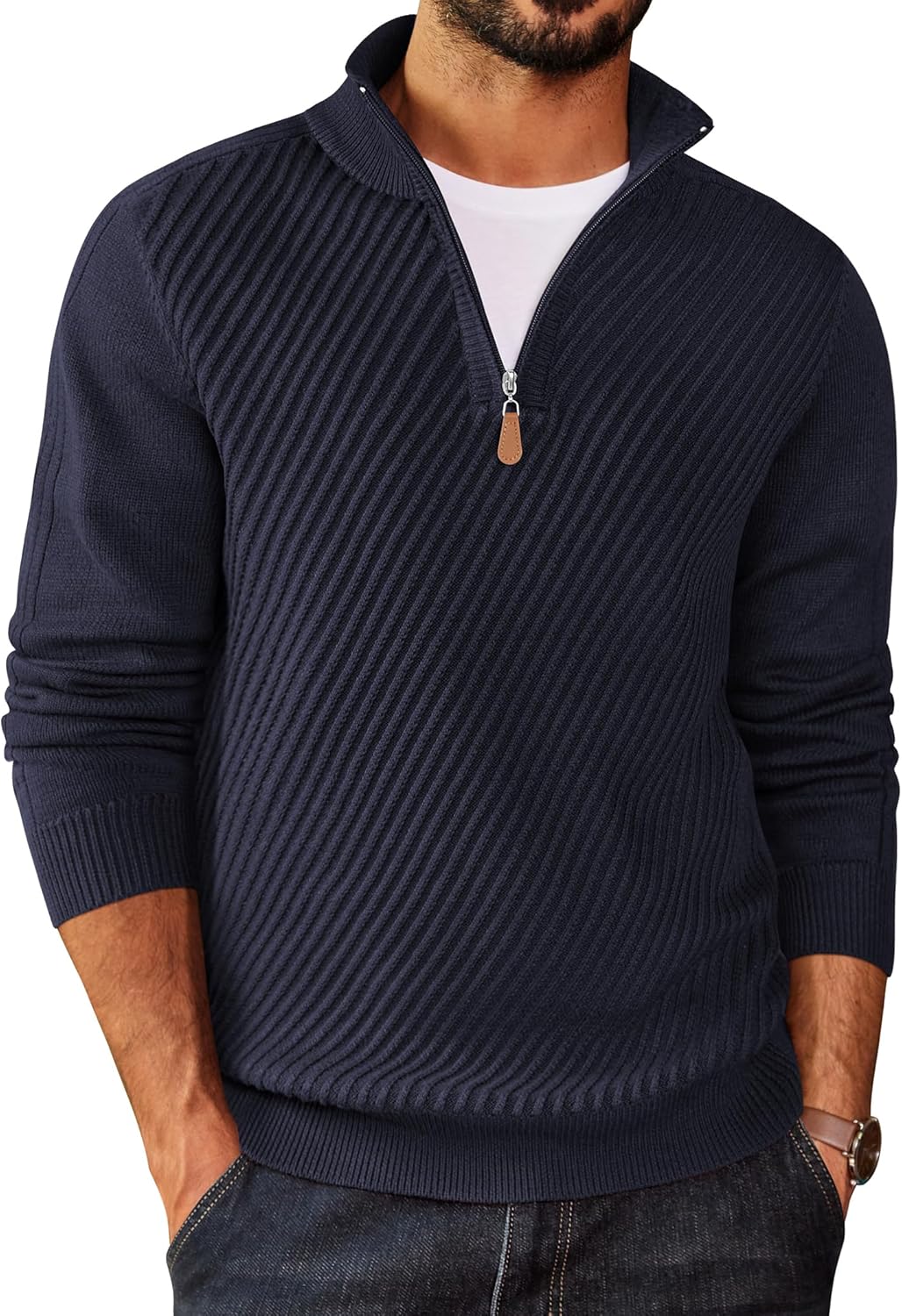 Quarter Zip Sweater Men Lightweight Slim Fit 3/4 Zip Pullover Vintage Striped Textured Polo Sweaters Winter Dress Clothes 2025 Navy Blue