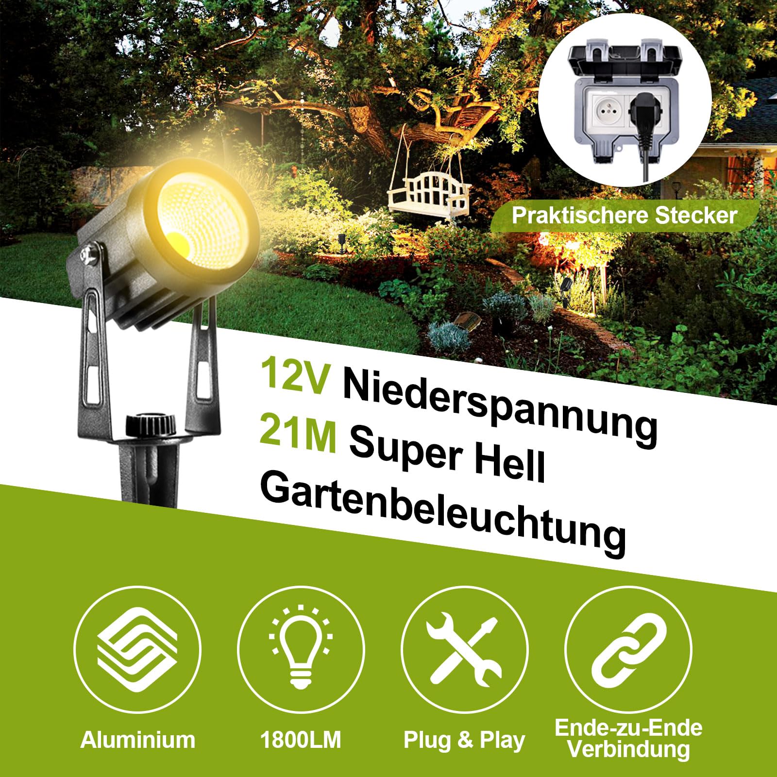 B-right Focos Led Exterior, 21m LED Focos jardín con Estaca, Luz de Jardín Exterior Blanco Cálido, Luces Exterior Jardin IP65 Impermeable, Focos de Jardín al Iluminación de Caminos para Césped, Patios