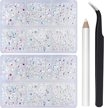 Briskbloom 10000PCS أحجار الراين للحرف اليدوية ملابس الأحذية ، حجر الراين الشفاف Clear AB المسطح للأظافر ، طقم ماسح الماس المسطح ، مختلط 2/3/4/5/6mm الغراء إصلاح أحجار الراين