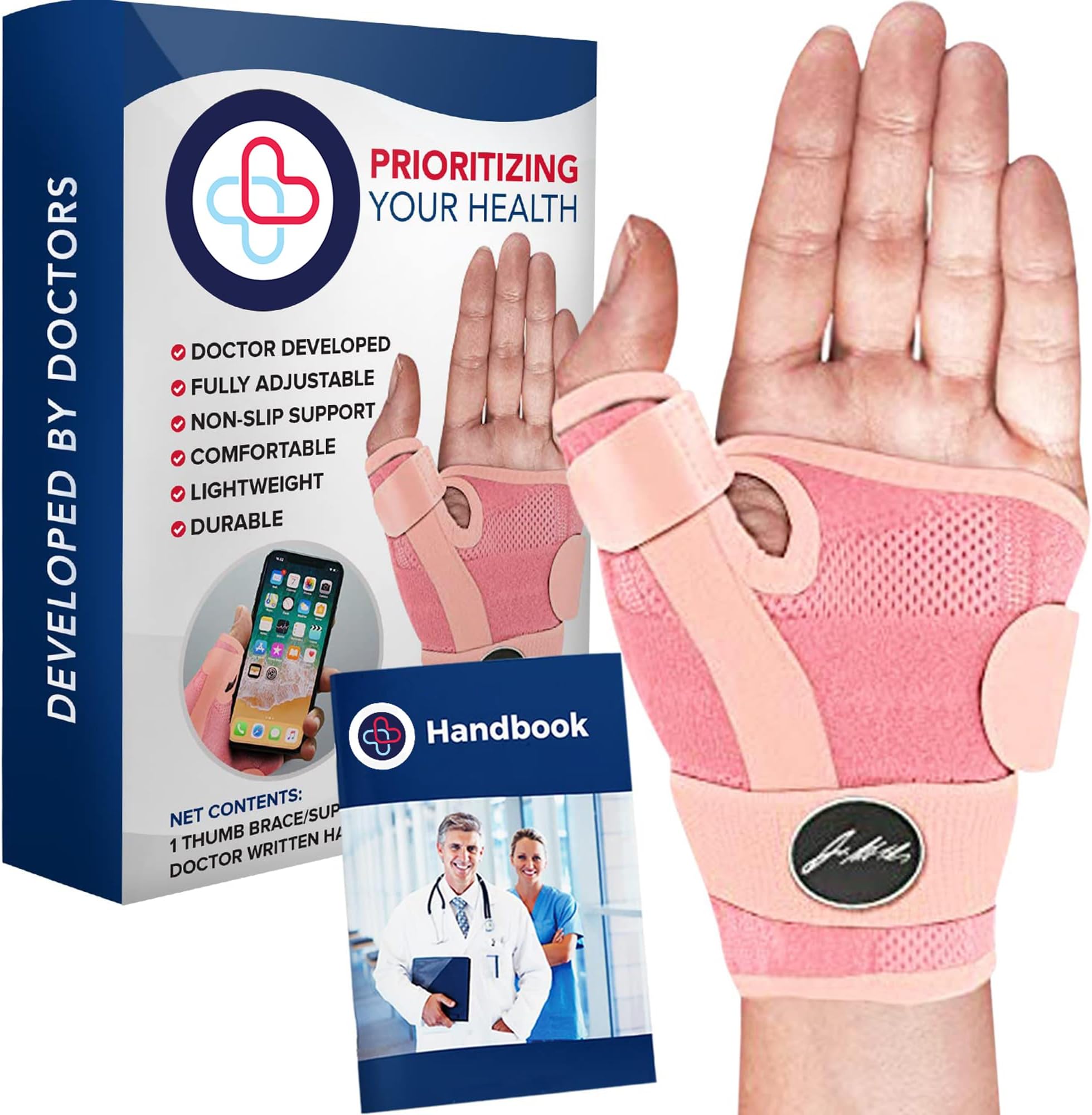 Doctor Developed Thumb Support Brace & Handbook/Trigger Thumb Brace/Thumb Support for Arthritis - Thumb Spica Splint - Thumb Splint for Right Hand/Left (Pink, Single)