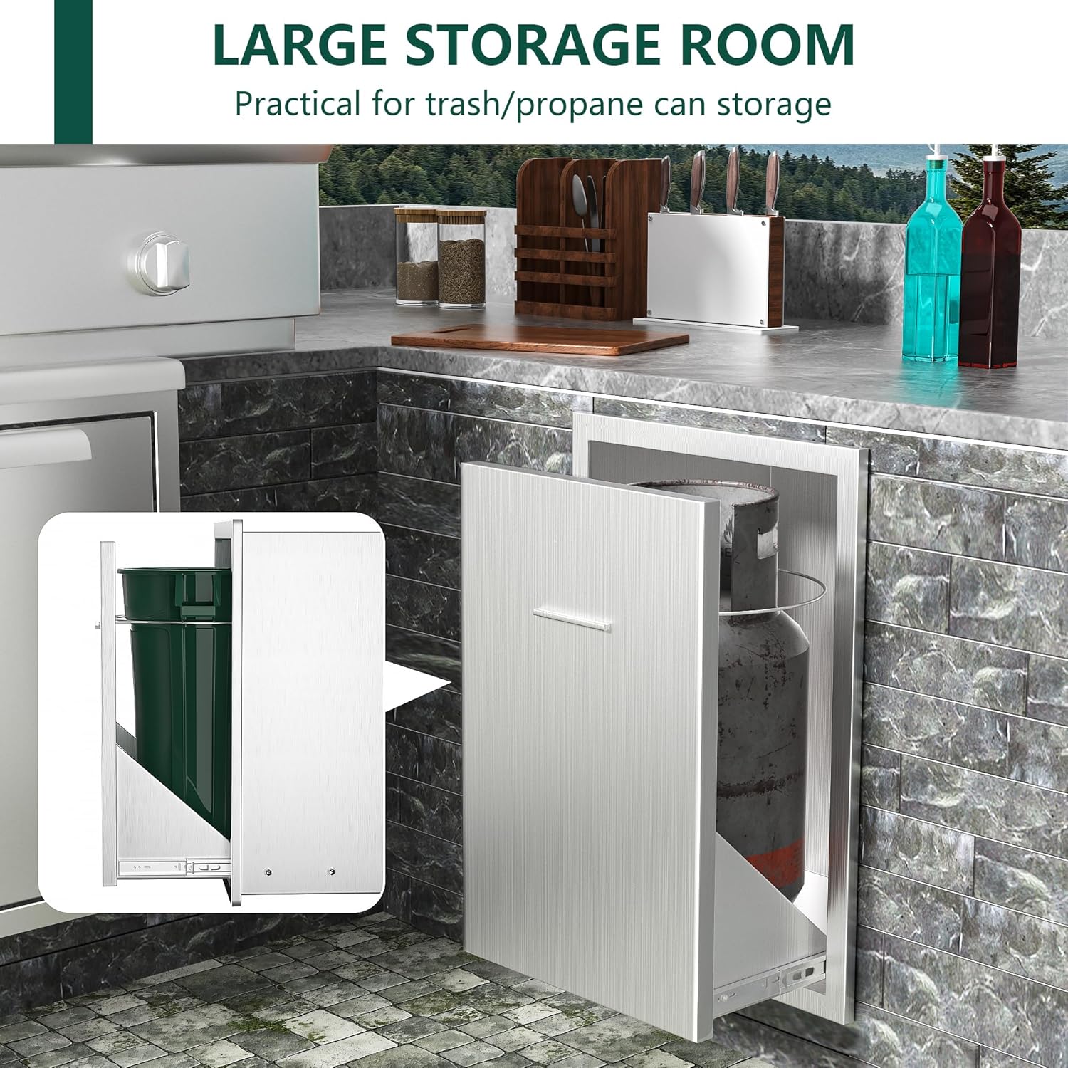 Outdoor Kitchen Drawers, 19.7"W x 15.7"D x 29"H Stainless Steel Trash or Storage Drawer with Silent Self-Locking Slide, Integrated Design for BBQ Island Cabinet
