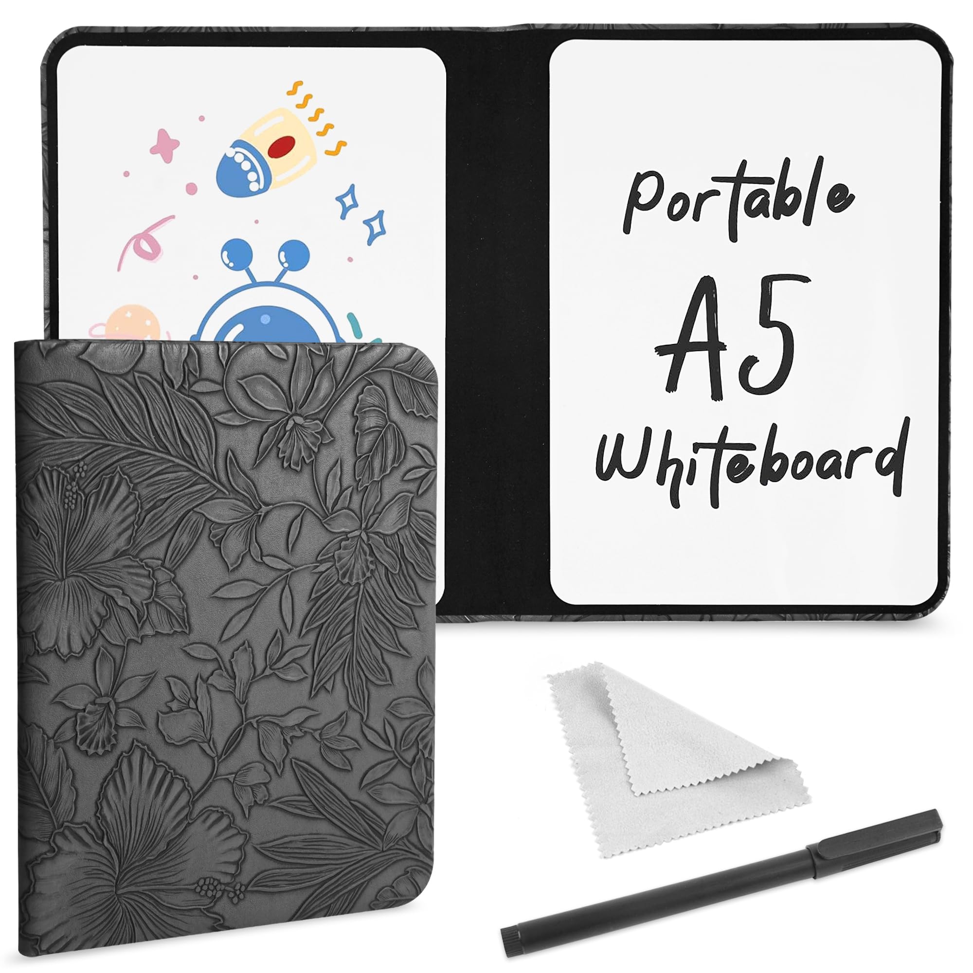 Mtzmy Portable Small White Board Dry Erase Board, Reusable 9.5 * 6.6in Notebook Memo, Office Home Supplies Desk Accessories(1-Carved Black)