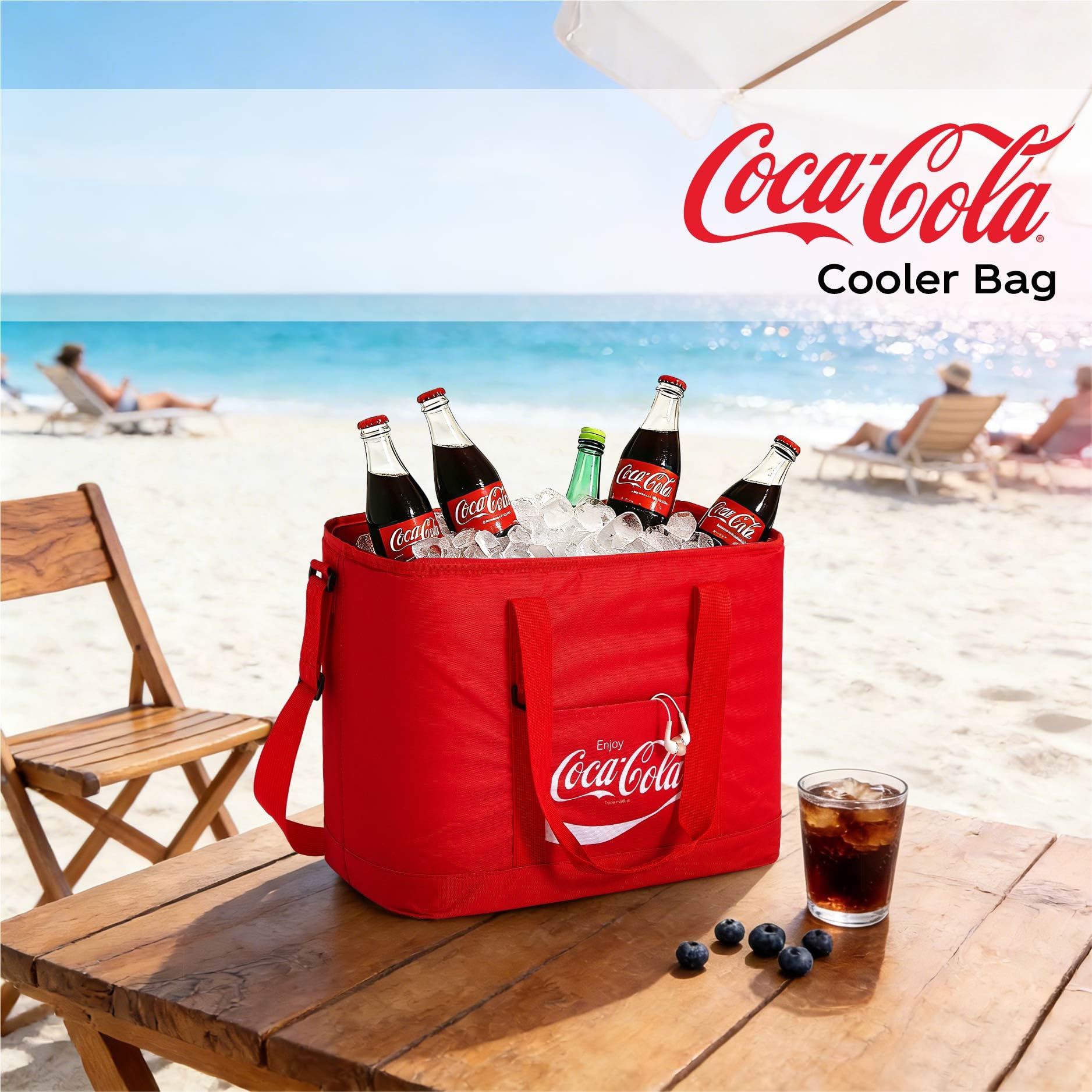 Coca-Cola Tote Bag, 40 Can Capacity Portable Beverage Cooler With Shoulder Strap, Large Soft Cooler For Picnic, Beach, Camping & Travel, Red Coca-Cola Lunch Cooler on Fridge.com - View 6