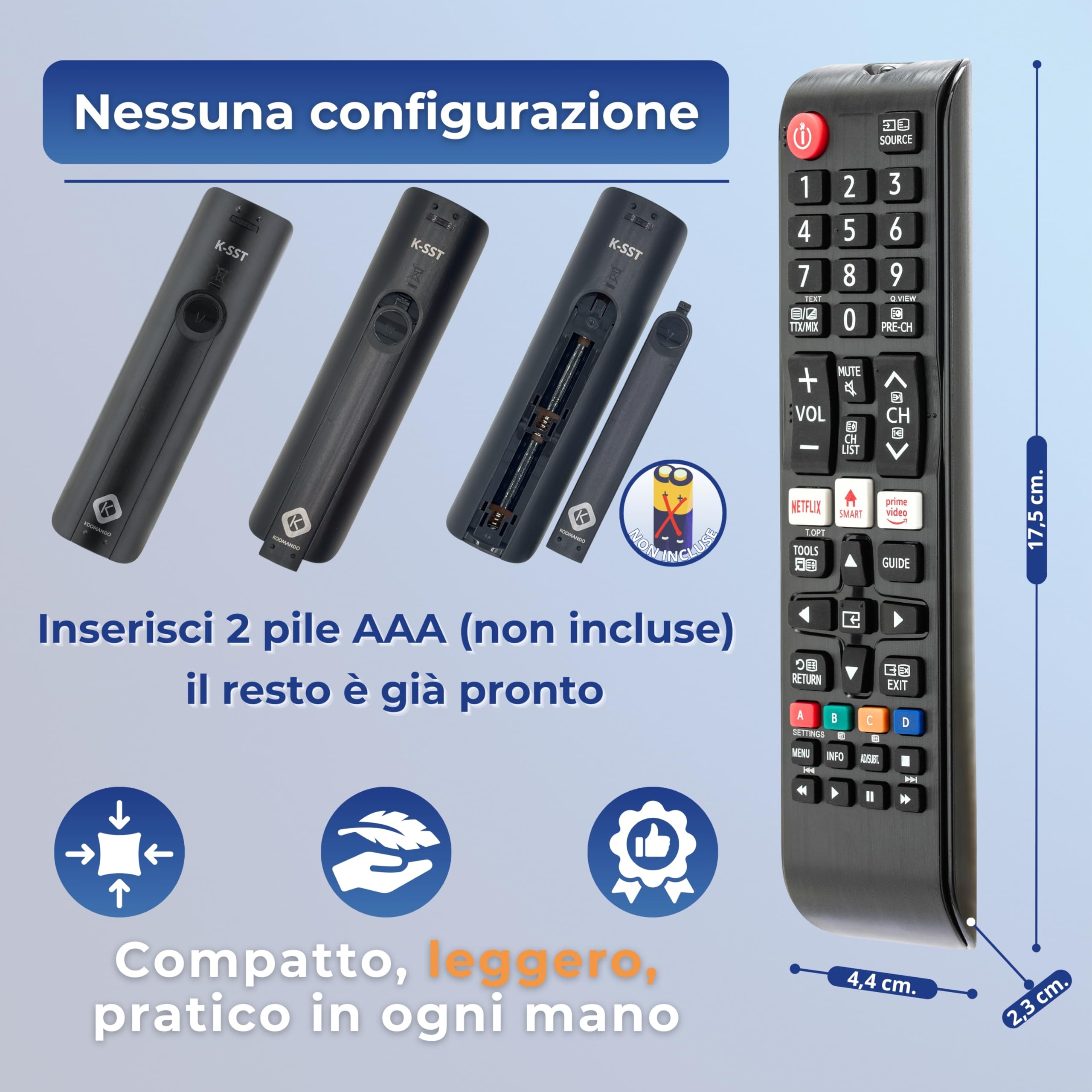 Koomando Telecomando Universale per Samsung TV LCD LED QLED UHD 4K 8K Curved HDR, Serie AA59 BN59, Pronto all'Uso senza Programmazione, Tasti Rapidi Netflix Prime Video, Compatibile Smart TV