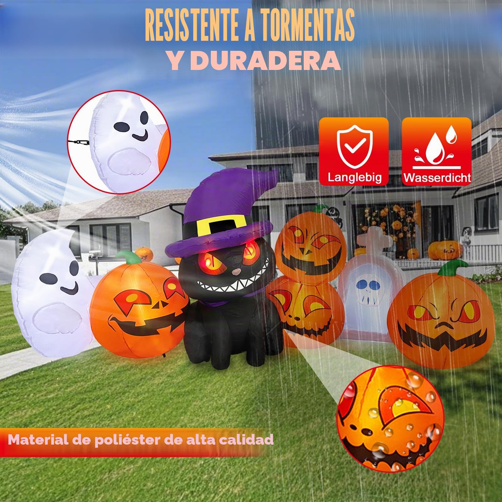 Danxilu Calabazas Hinchable Halloween 2,4 m con Fantasma y Gato Negro