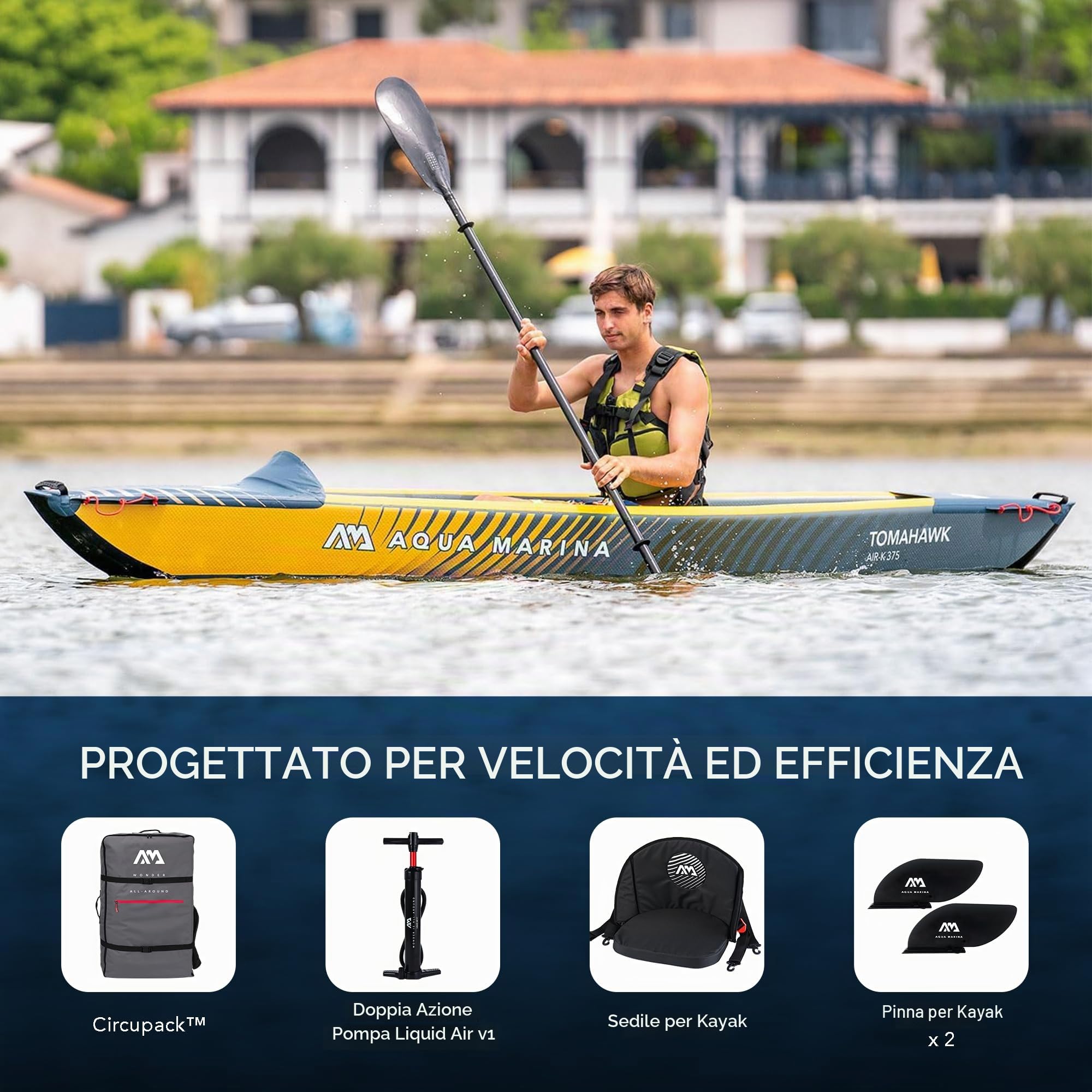 Aqua Marina Tomahawk, AIR-K - Kayak gonfiabile ad alta pressione, per 1 persona, lunghezza 375 cm, colore: blu marino/giallo