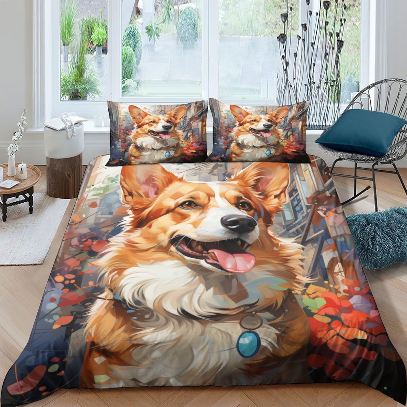 Parure de lit microfibre chien corgi housse de couette 3D