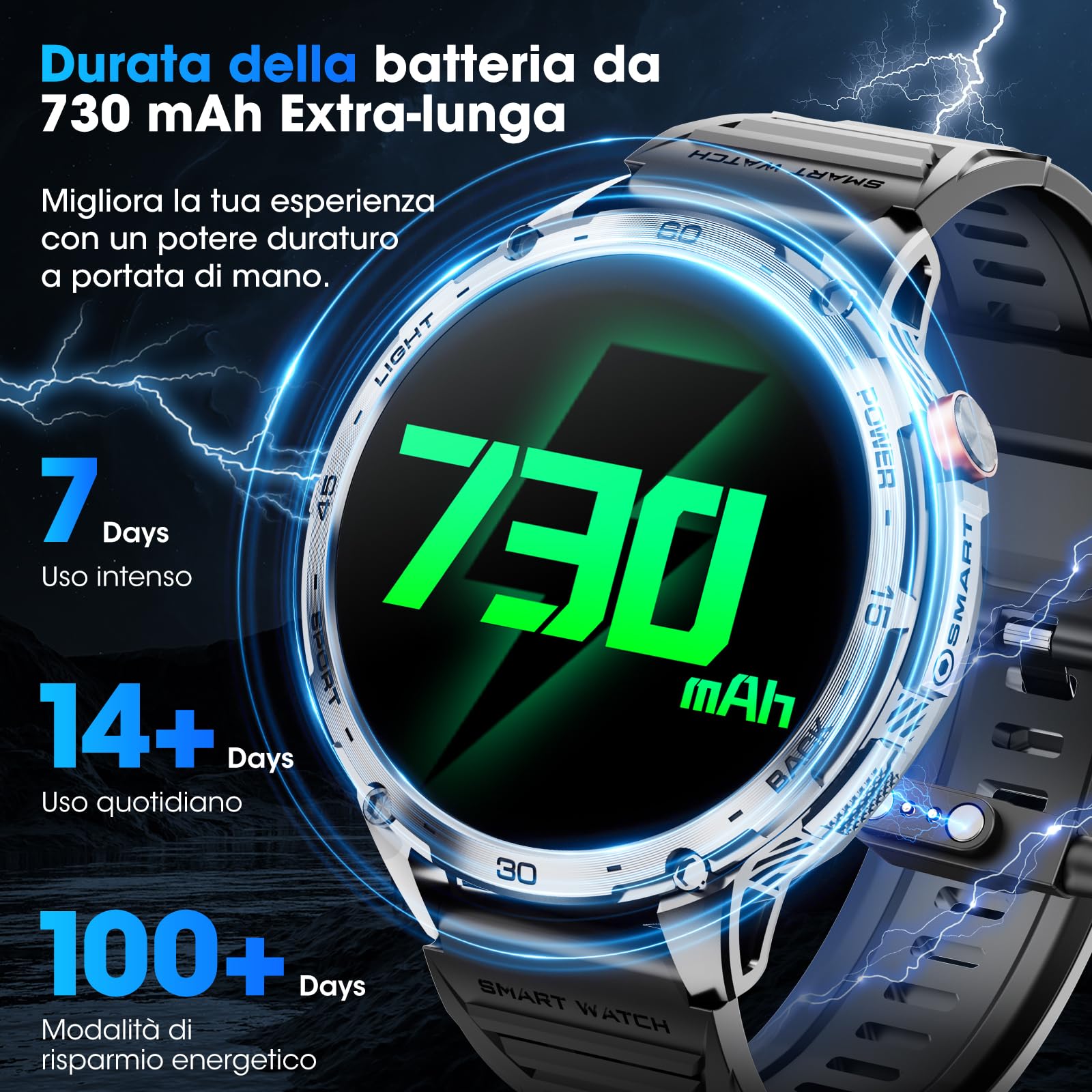 Smartwatch Uomo 1.75" HD AMOLED 730mAh Orologio Smartwatch con Torcia LED Militare Smartwatch Compatibile iOS Android (Risposta alle Chiamate Bluetooth) Smart Watch con Sonno/Cardiofrequenzimetro